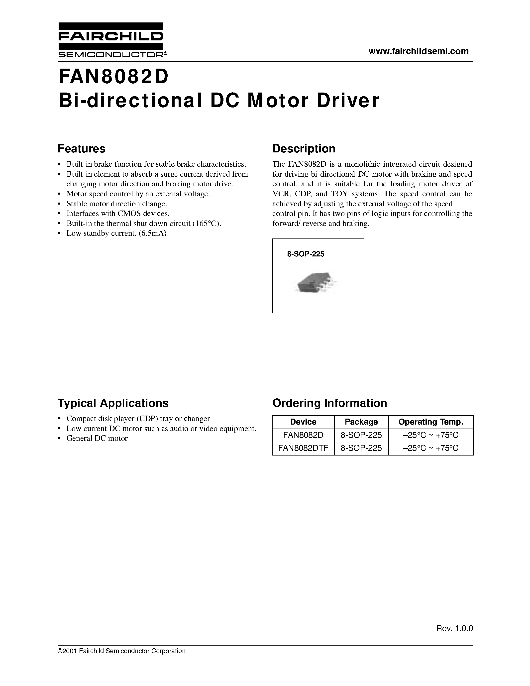 Даташит FAN8082D - Bi-directional DC Motor Driver страница 1