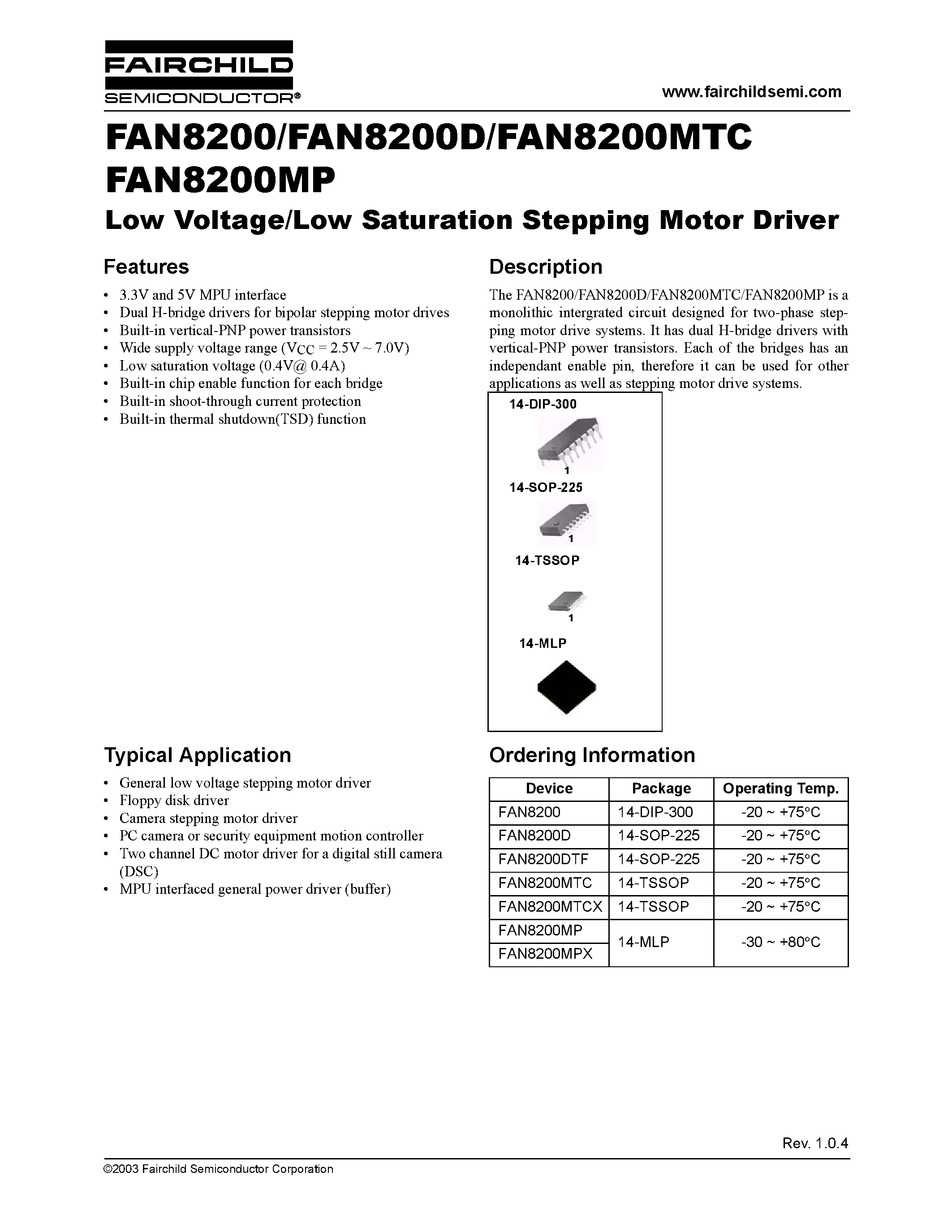 Datasheet FAN8200MP page 1 Datasheet FAN8200MP - Low Voltage/Low Saturation Stepping Motor Driver page 1