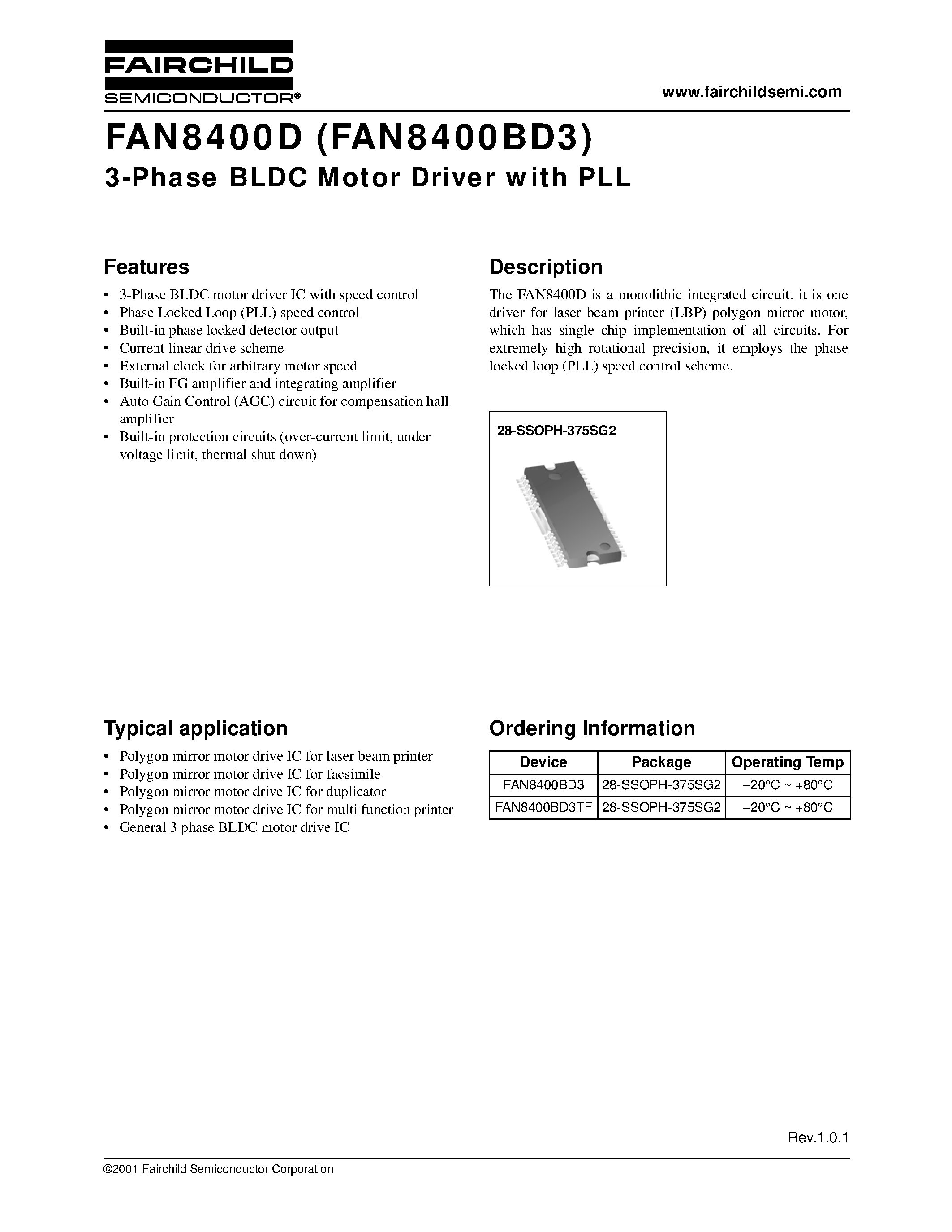 Даташит на микросхему FAN8400BD3 страница 1 Даташит FAN8400BD3 - 3-Phase BLDC Motor Driver with PLL страница 1