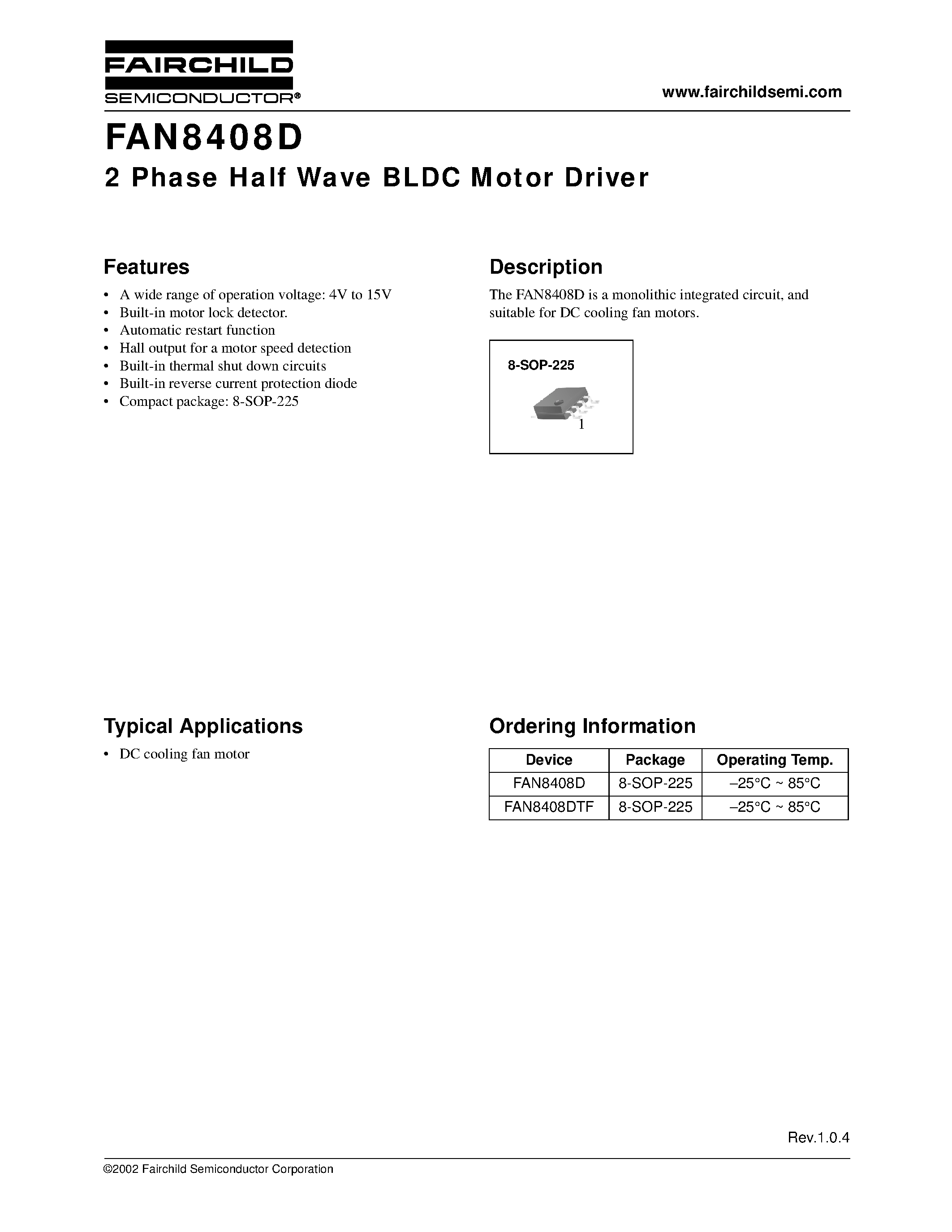 Datasheet FAN8408D - 2 Phase Half Wave BLDC Motor Driver page 1