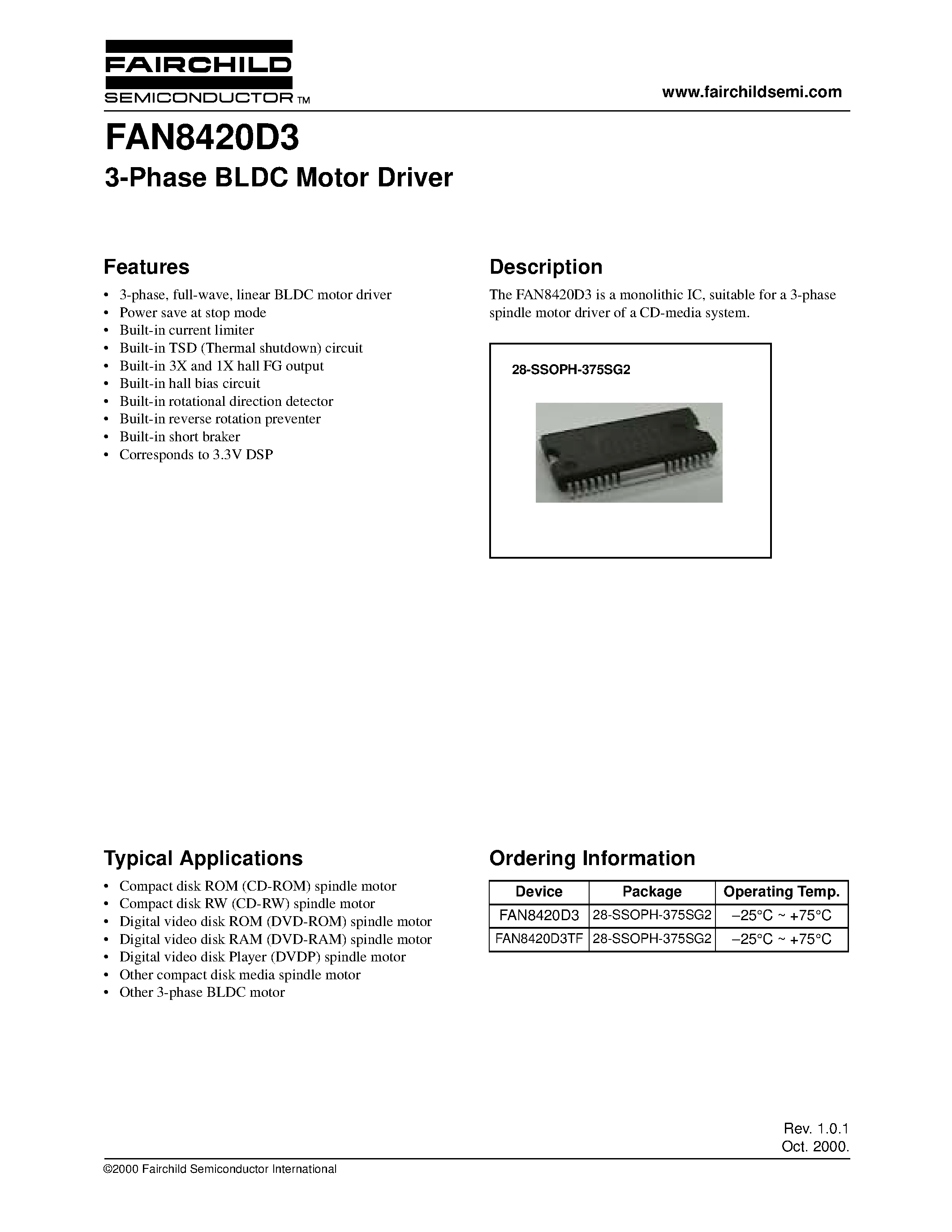 Datasheet FAN8420D3 - 3-Phase BLDC Motor Driver page 1