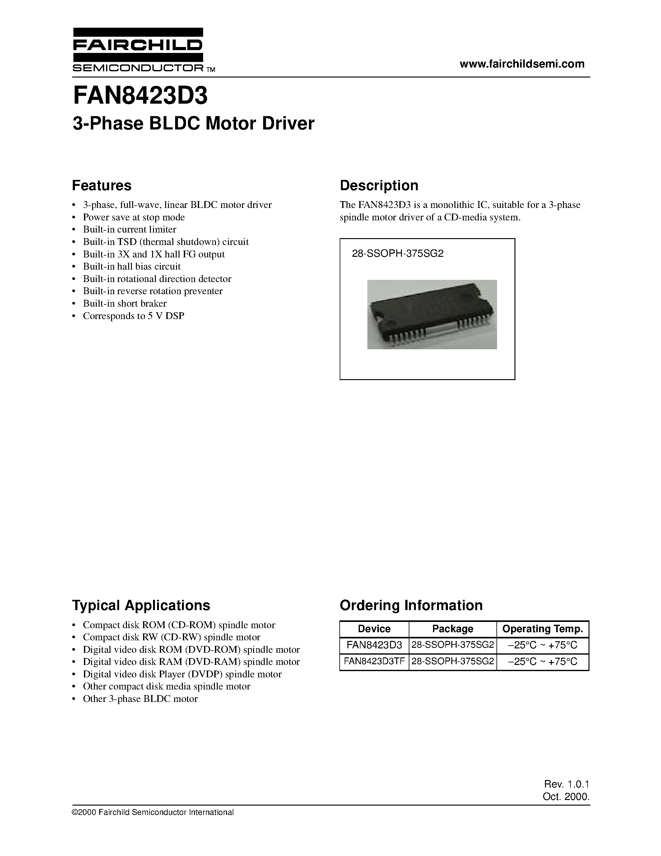 Datasheet FAN8423D3TF - 3-Phase BLDC Motor Driver page 1