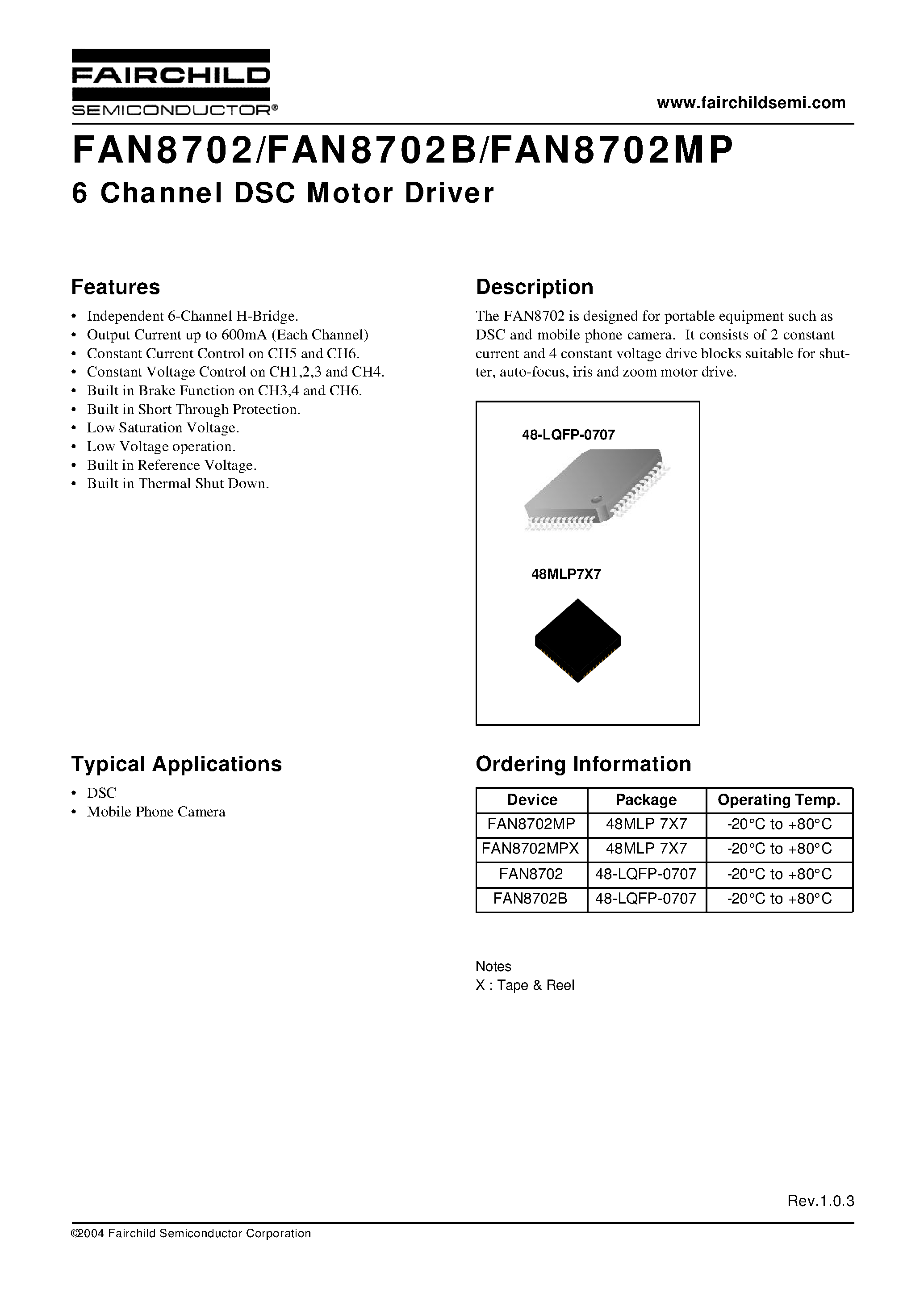 Datasheet FAN8702MP page 1 Datasheet FAN8702MP - 6 Channel DSC Motor Driver page 1