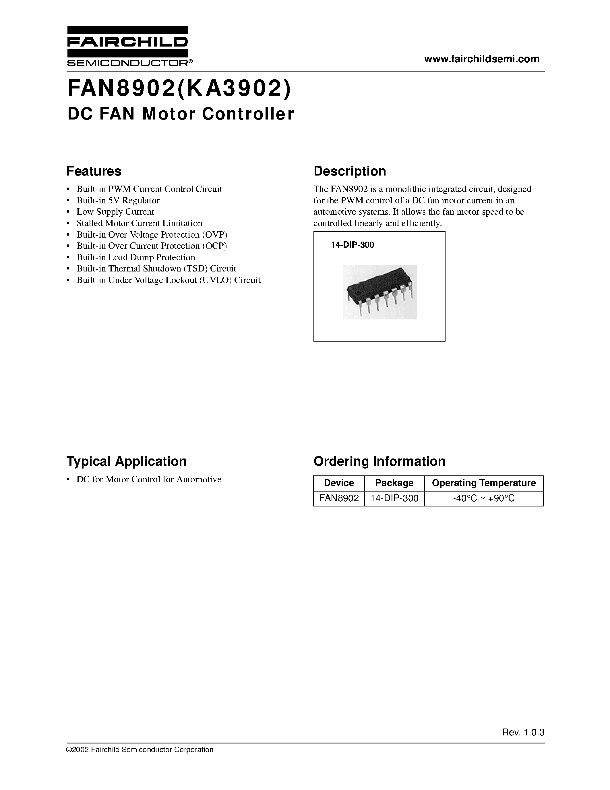 Даташит FAN8902 - DC FAN Motor Controller страница 1