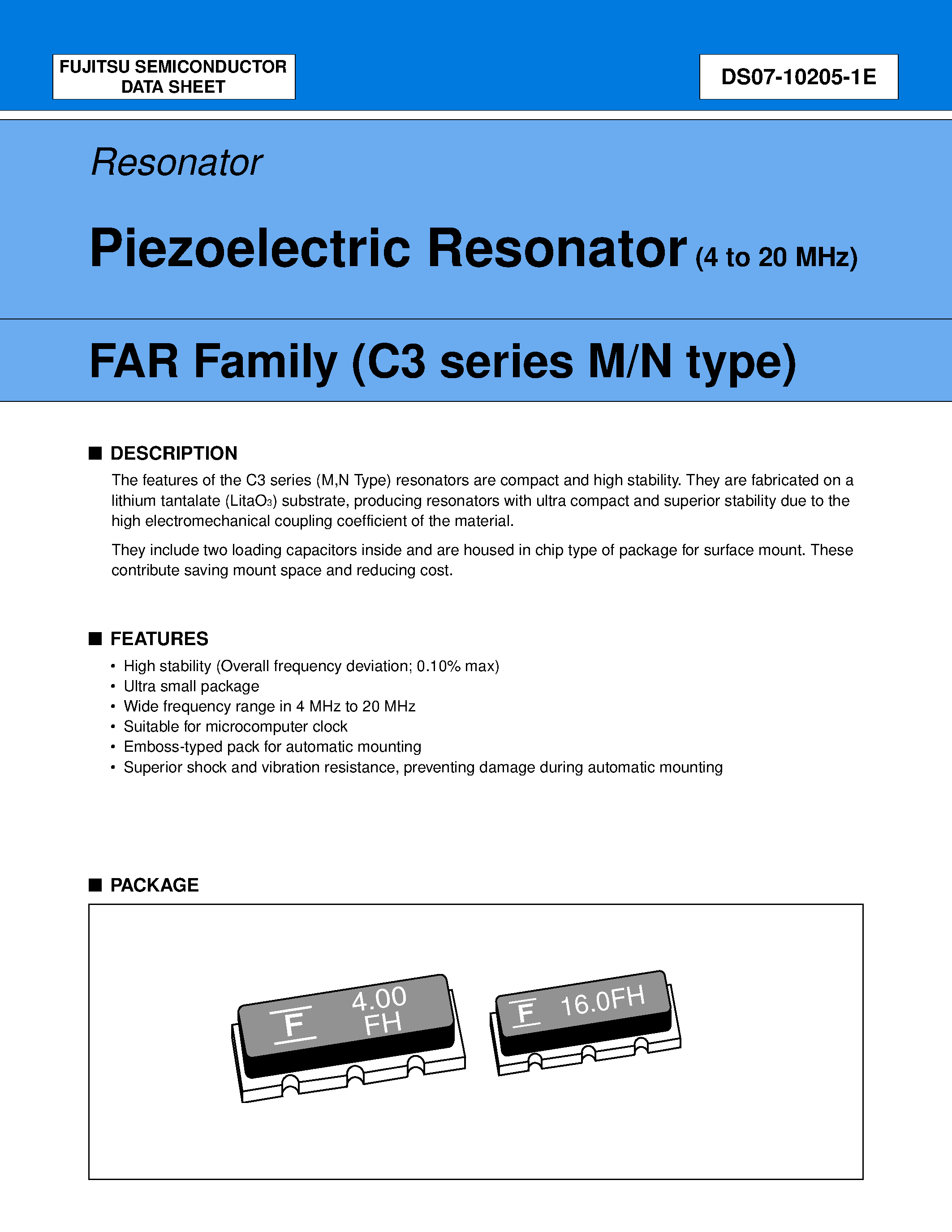 Datasheet FAR-C3CM-04000-F00-R - Piezoelectric Resonator (4 to 20 MHz) page 1