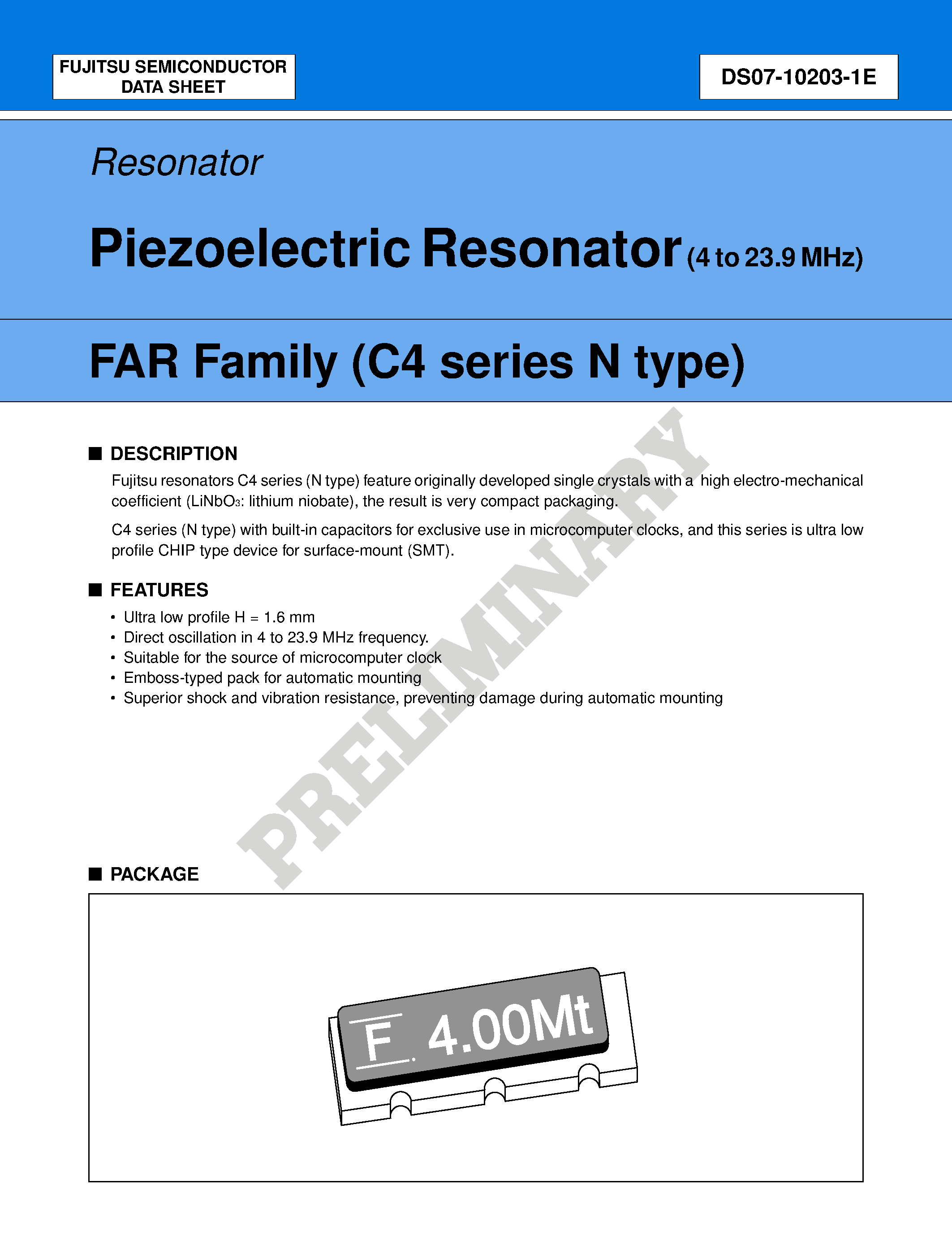 Даташит FAR-C4CN-04000-L22-R - Piezoelectric Resonator (4 to 23.9 MHz) страница 1