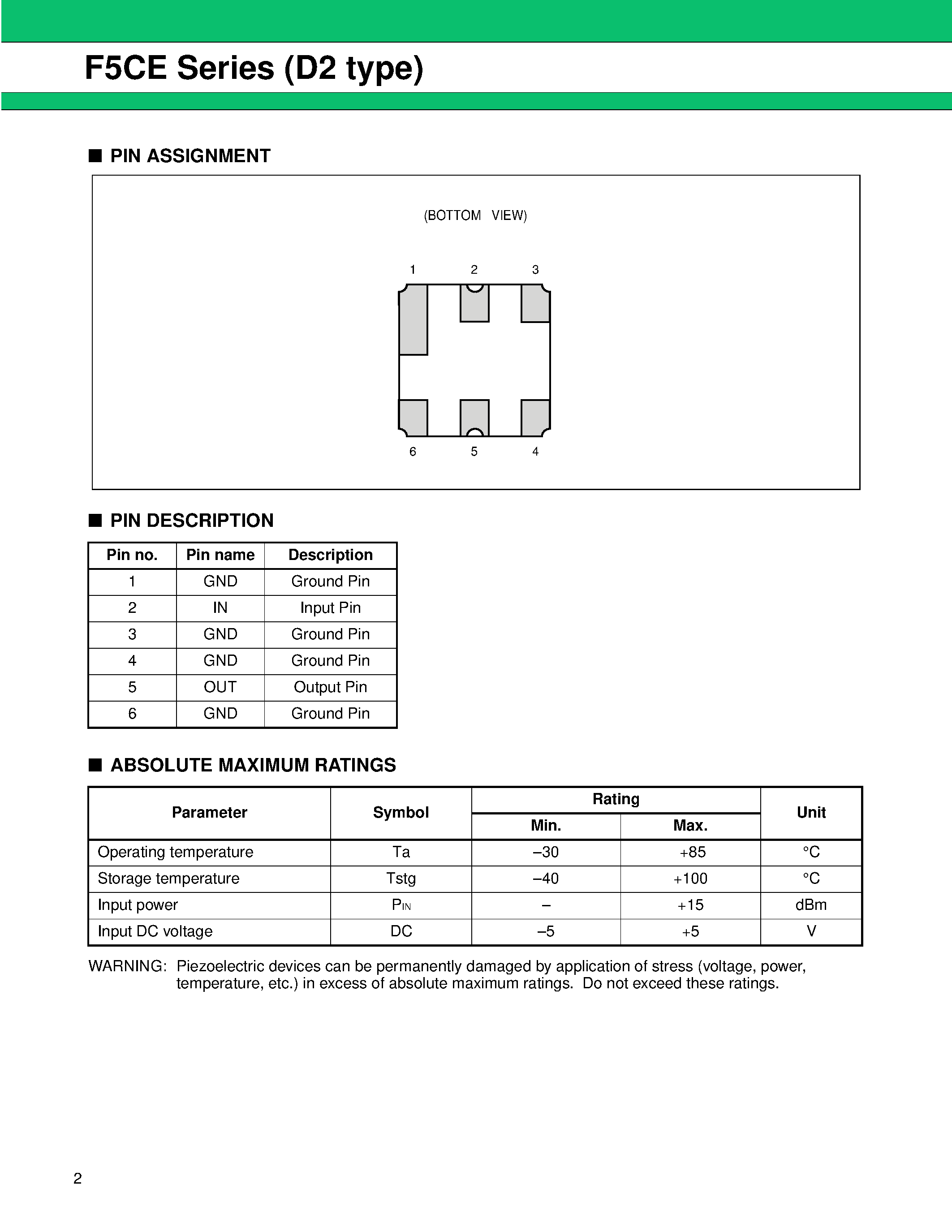 Datasheet FAR-F5CE-947M50-D235-W page 2 Datasheet FAR-F5CE-947M50-D235-W - Piezoelectric SAW BPF (700 to 1700 MHz) page 2