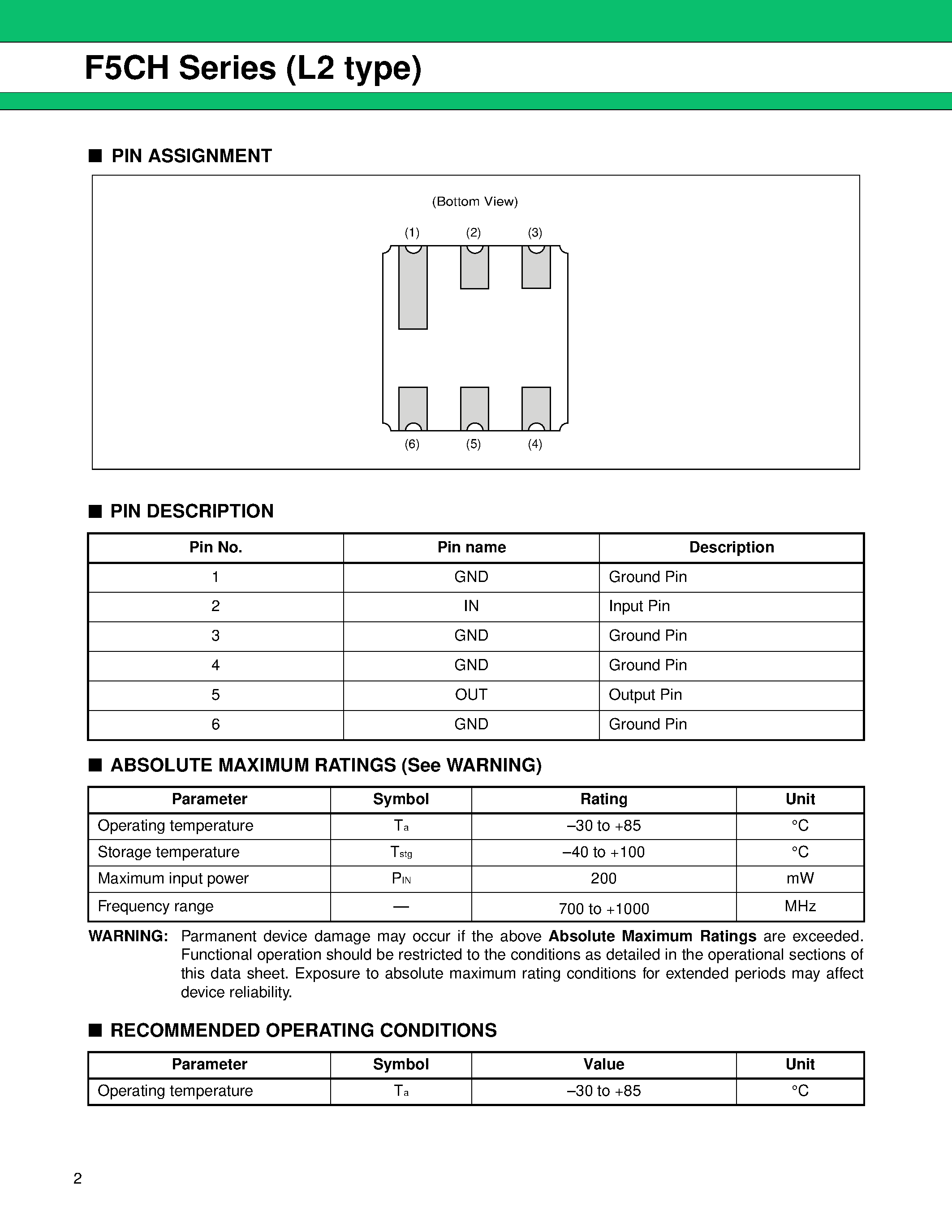 Datasheet FAR-F5CH-881M50-L2AM-T page 2 Datasheet FAR-F5CH-881M50-L2AM-T - Piezoelectric SAW BPF (700 to 1000 MHz) page 2