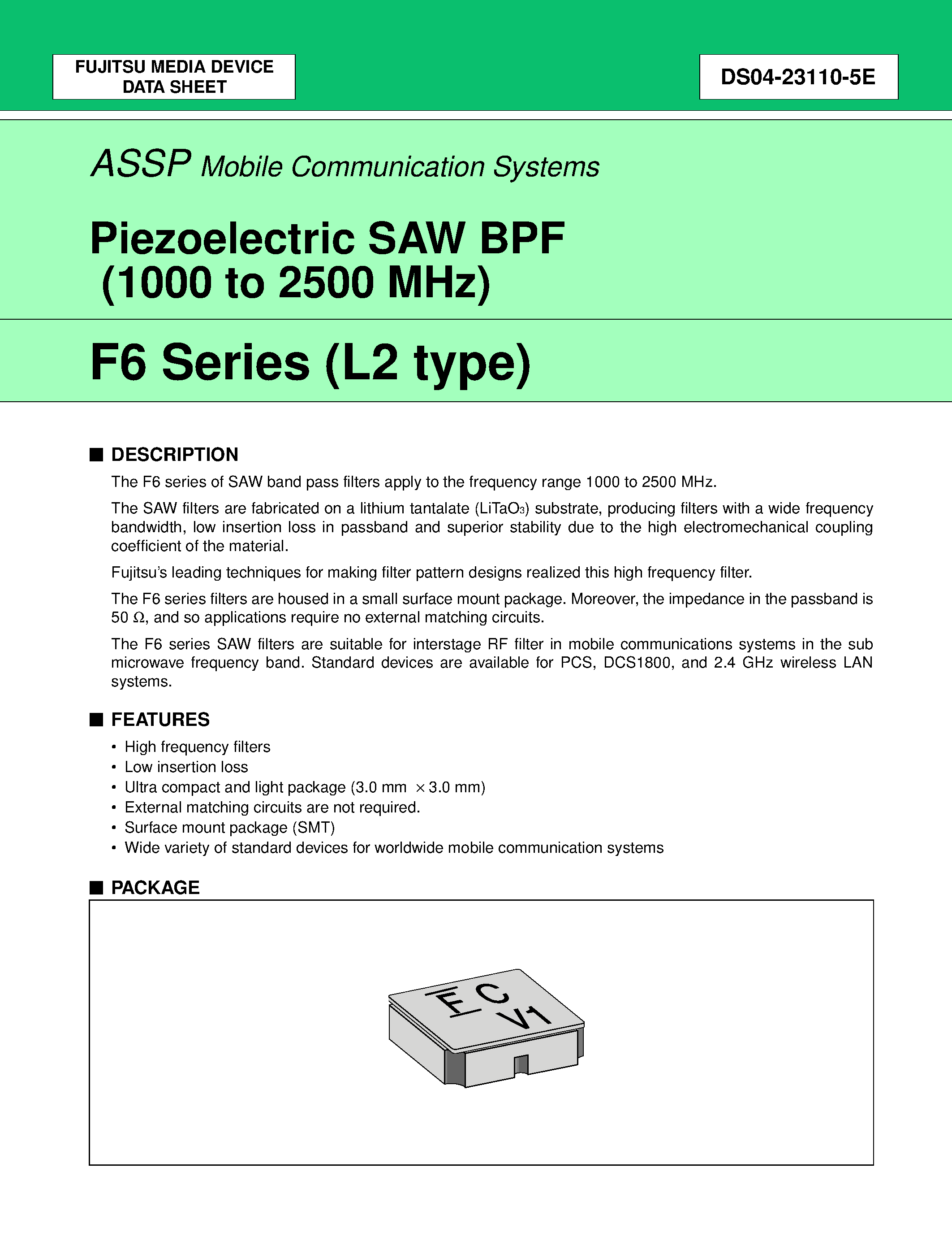 Даташит FAR-F6CE-1G7650-L2TA-W - Piezoelectric SAW BPF (1000 to 2500 MHz) страница 1