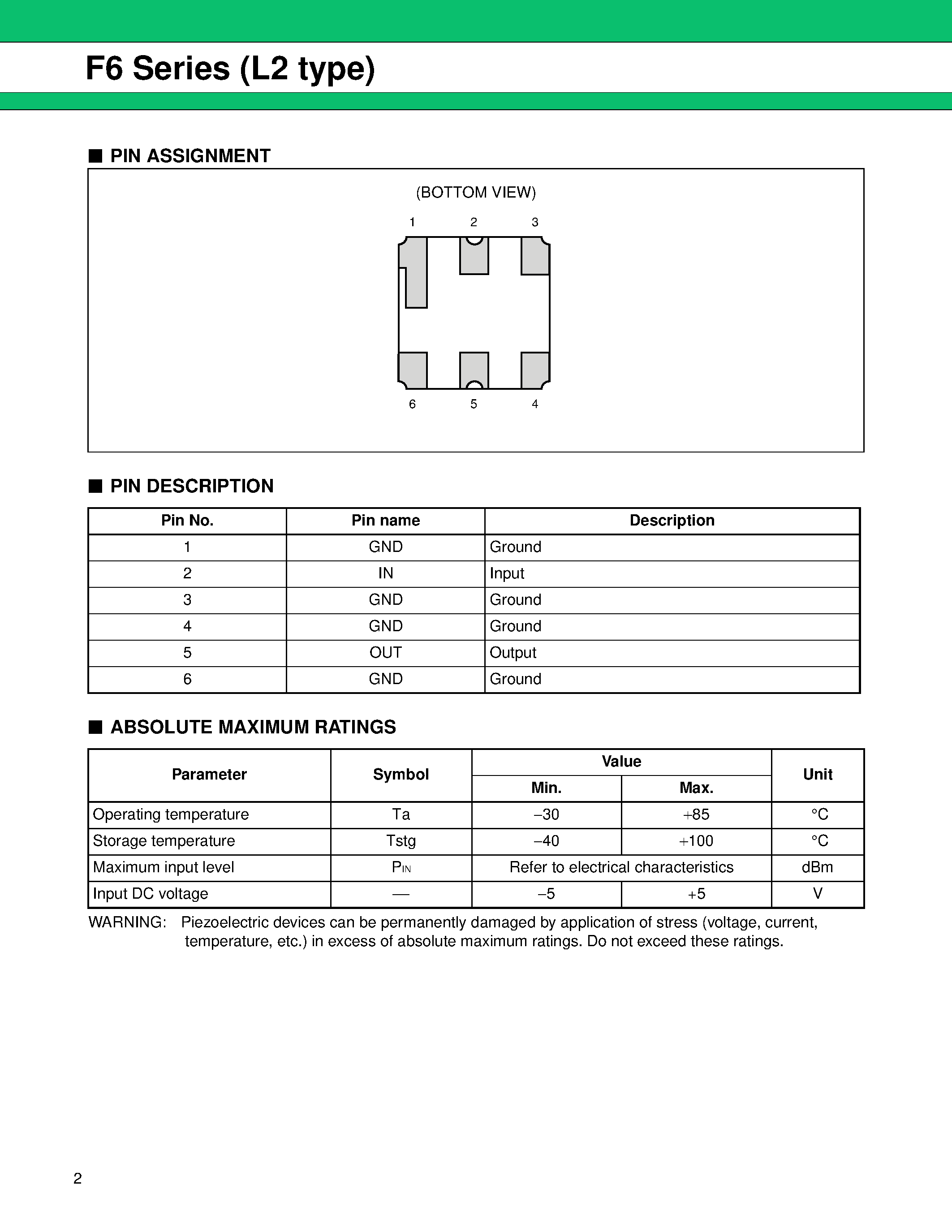 Datasheet FAR-F6CE-1G8550-L2TB-W page 2 Datasheet FAR-F6CE-1G8550-L2TB-W - Piezoelectric SAW BPF (1000 to 2500 MHz) page 2