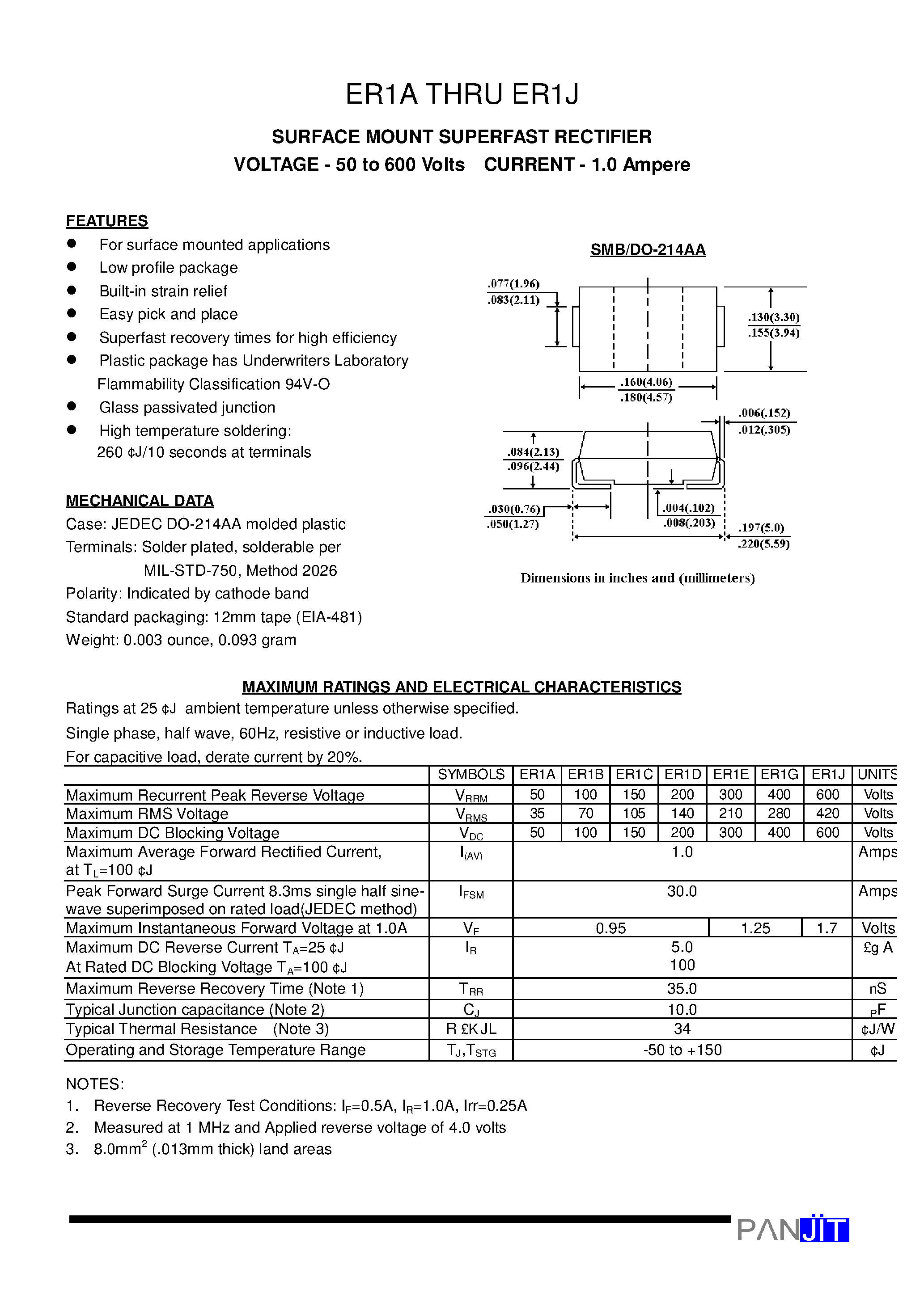 Datasheet ER1A page 1 Datasheet ER1A - SURFACE MOUNT SUPERFAST RECTIFIER(VOLTAGE - 50 to 600 Volts CURRENT - 1.0 Ampere) page 1