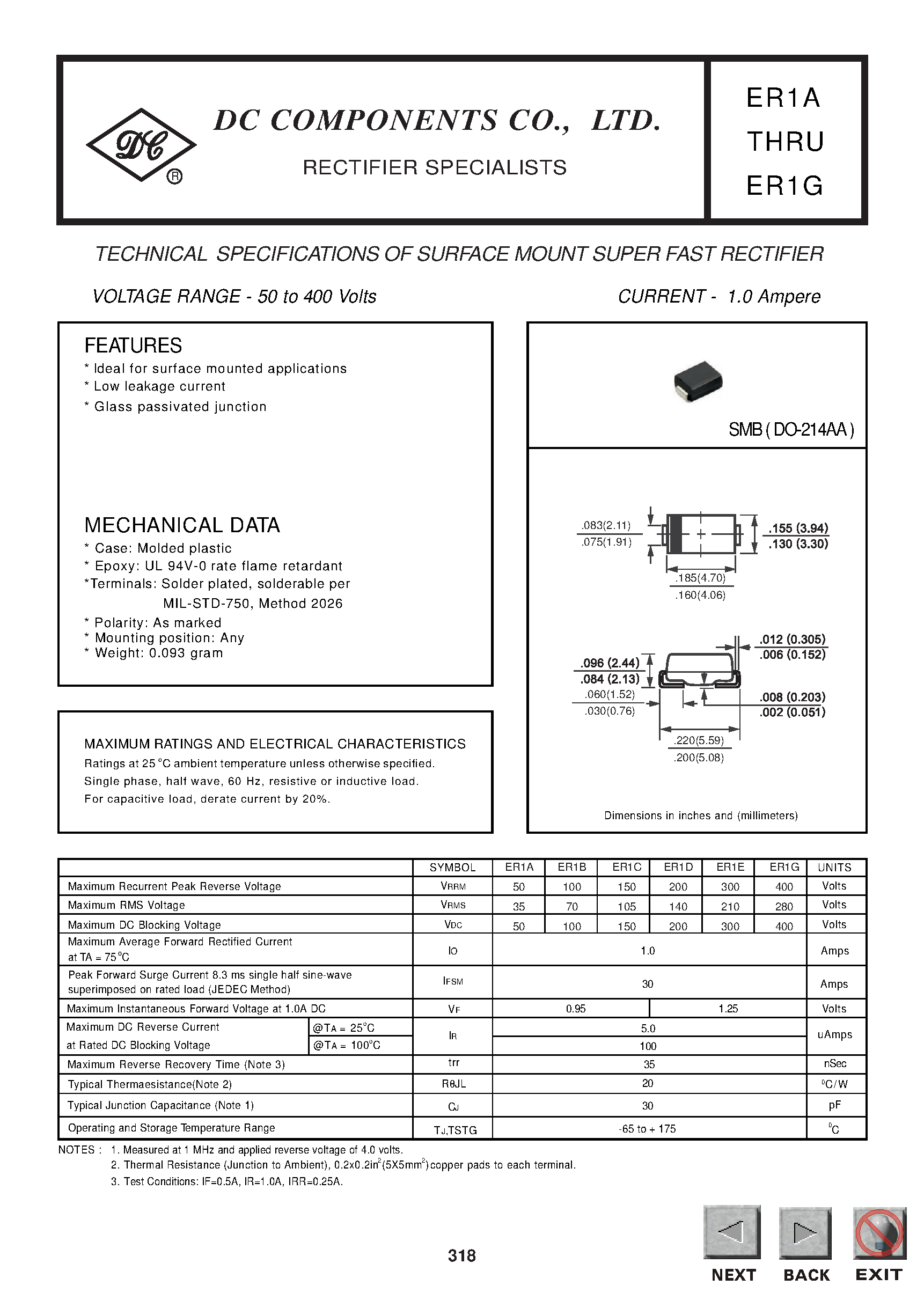 Даташит ER1E - TECHNICAL SPECIFICATIONS OF SURFACE MOUNT SUPER FAST RECTIFIER страница 1