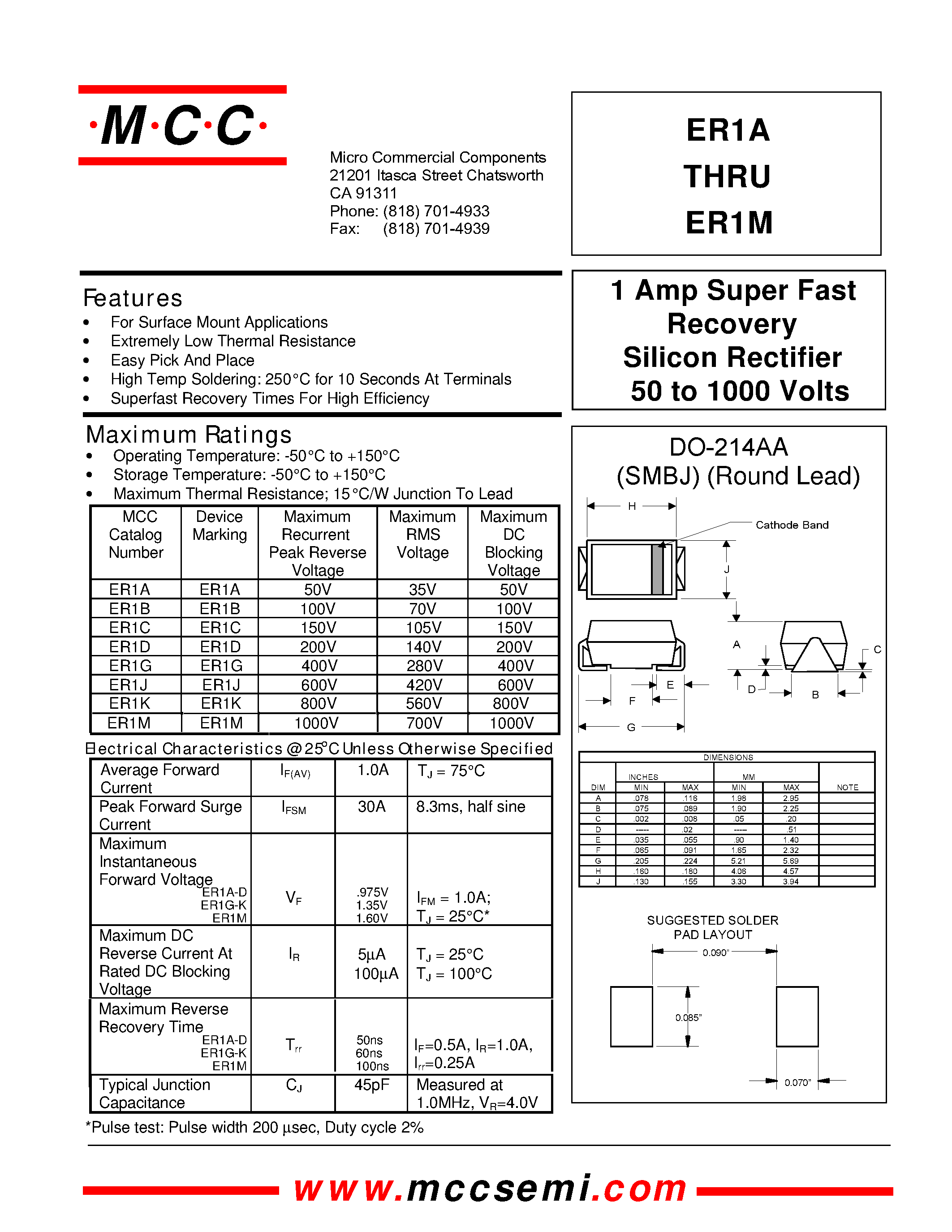 Даташит ER1J - 1 Amp Super Fast Recovery Silicon Rectifier 50 to 1000 Volts страница 1