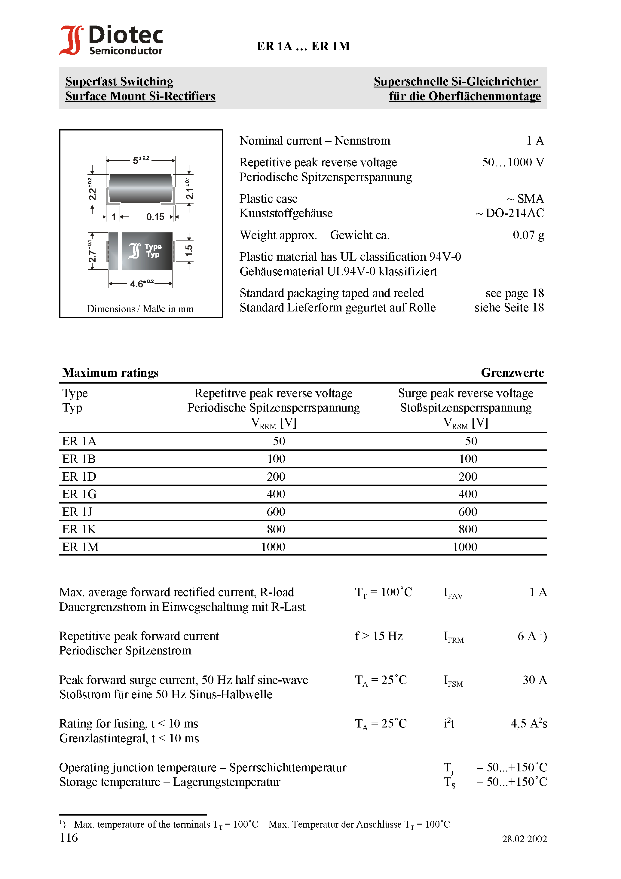 Datasheet ER1M page 1 Datasheet ER1M - Superfast Switching Surface Mount Si-Rectifiers page 1