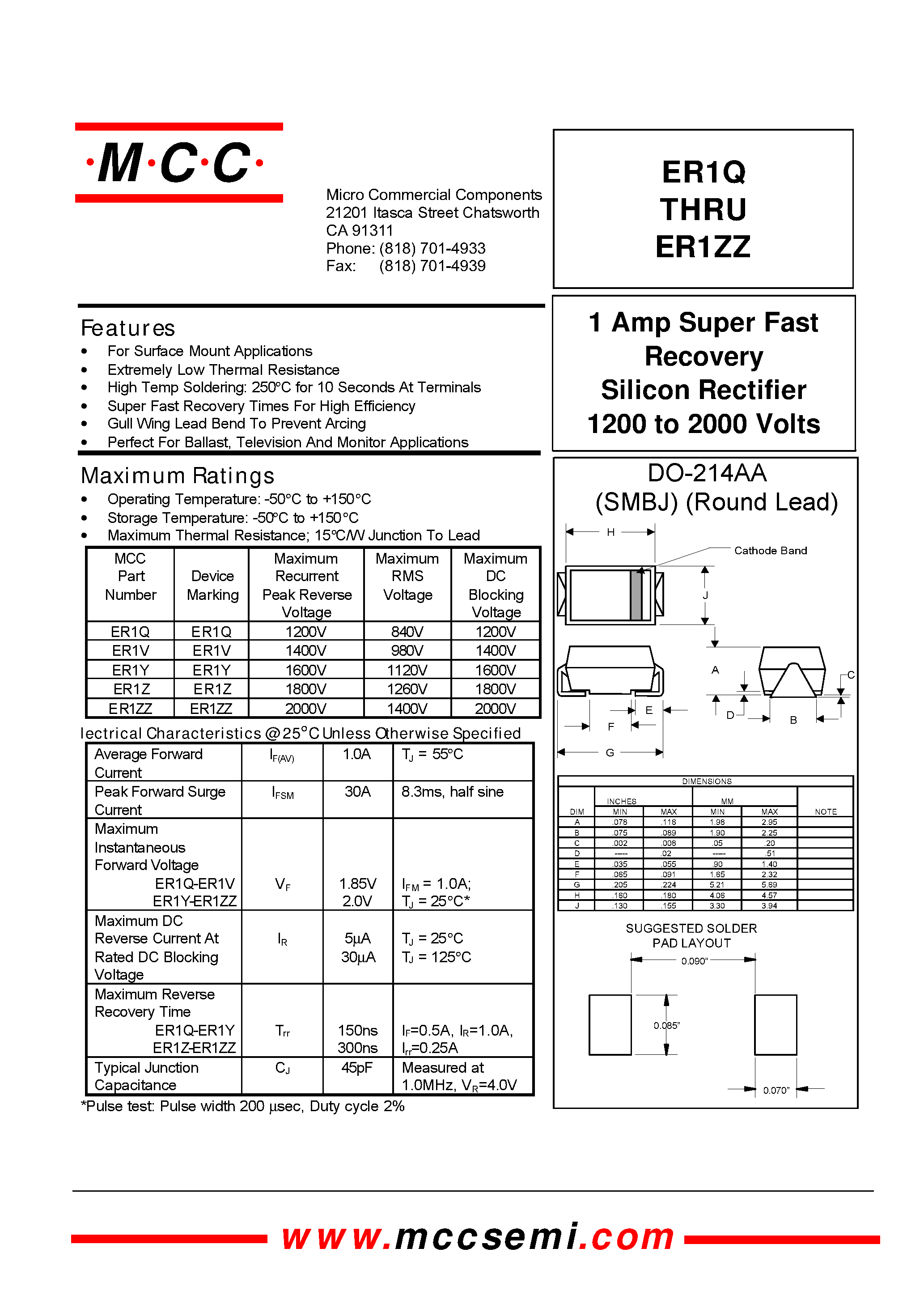Datasheet ER1Q page 1 Datasheet ER1Q - 1 Amp Super Fast Recovery Silicon Rectifier 1200 to 2000 Volts page 1