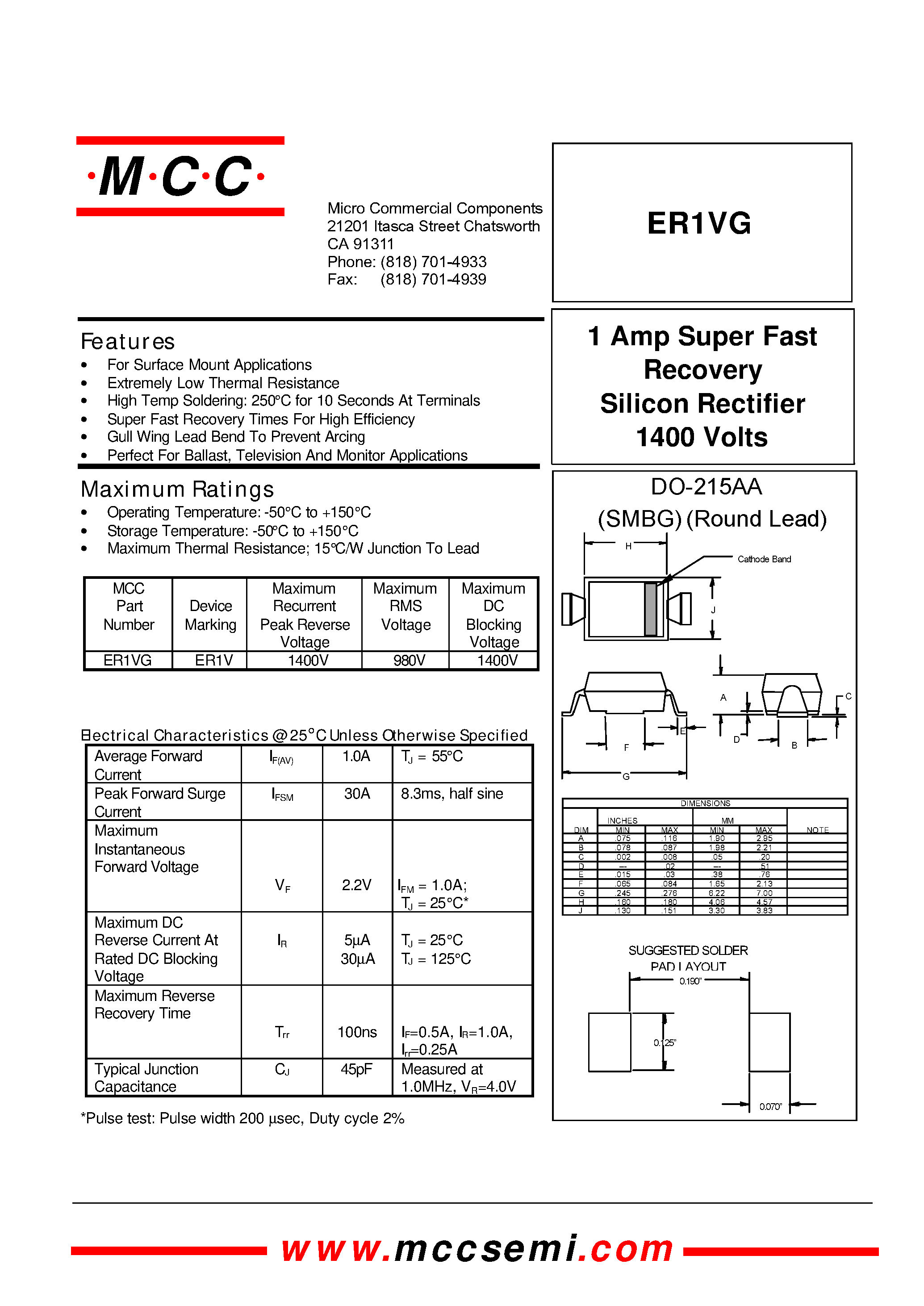 Даташит ER1VG - 1 Amp Super Fast Recovery Silicon Rectifier 1400 Volts страница 1