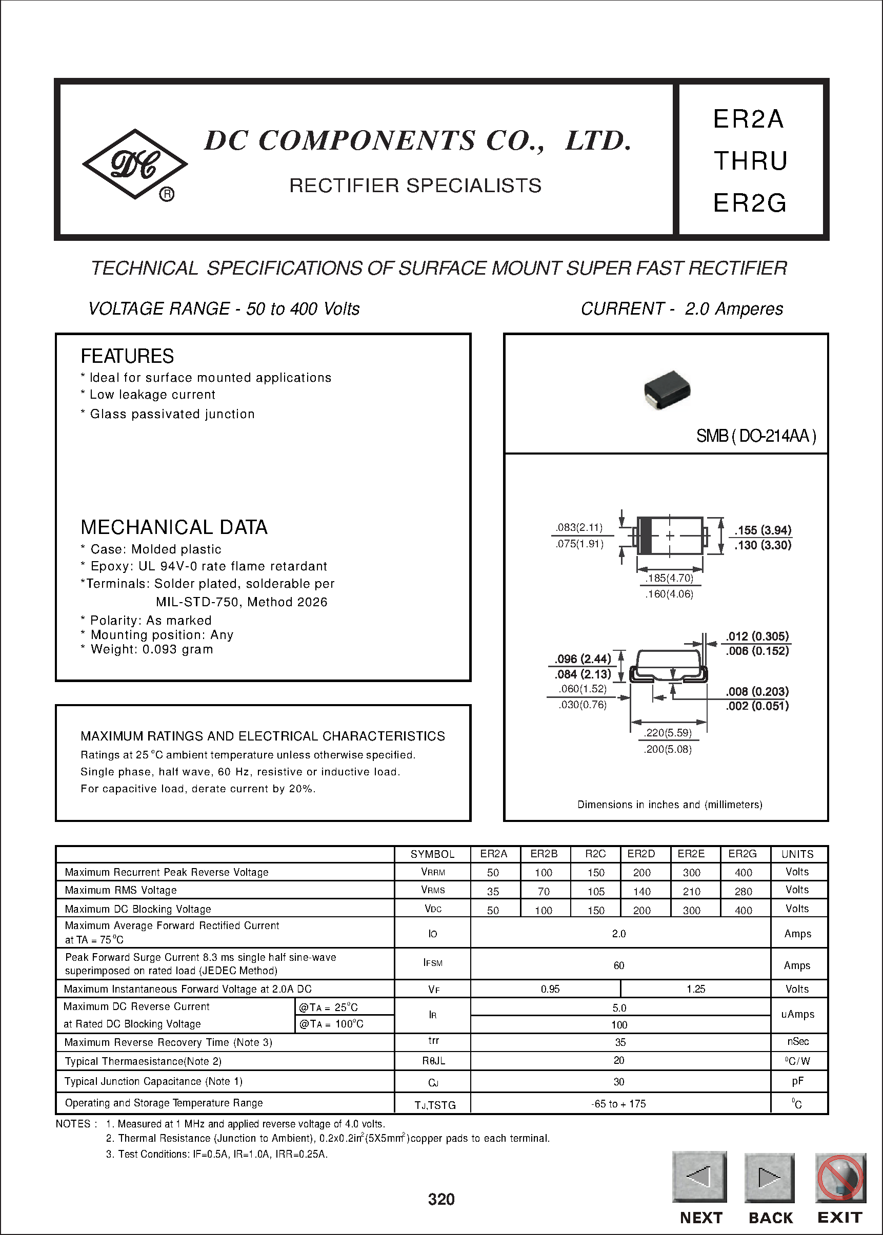 Datasheet ER2G page 1 Datasheet ER2G - TECHNICAL SPECIFICATIONS OF SURFACE MOUNT SUPER FAST RECTIFIER page 1