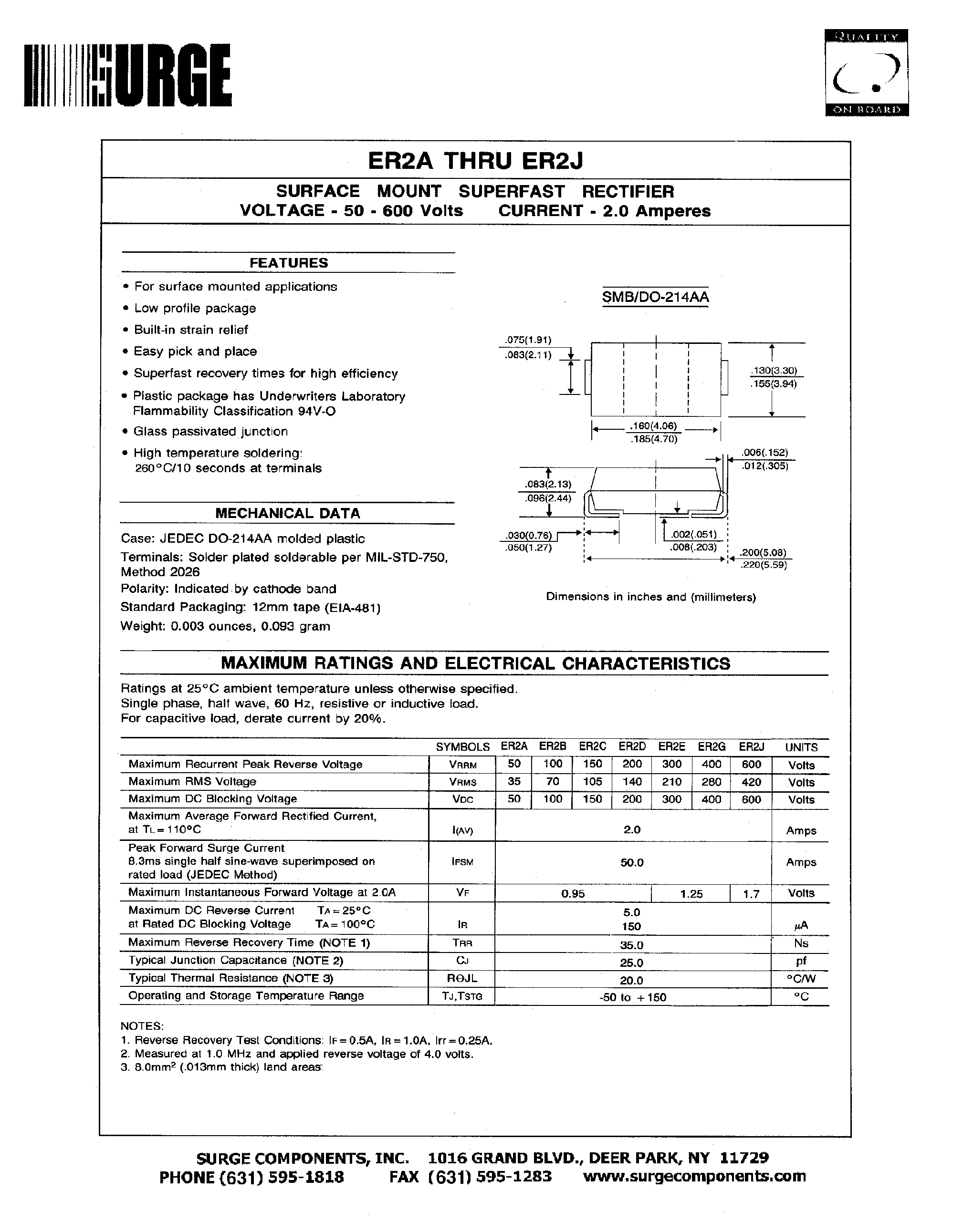 Datasheet ER2J - SURFACE MOUNT SUPERFAST RECTIFIER VOLTAGE - 50 - 600 Volts CURRENT - 2.0 Amperes page 1
