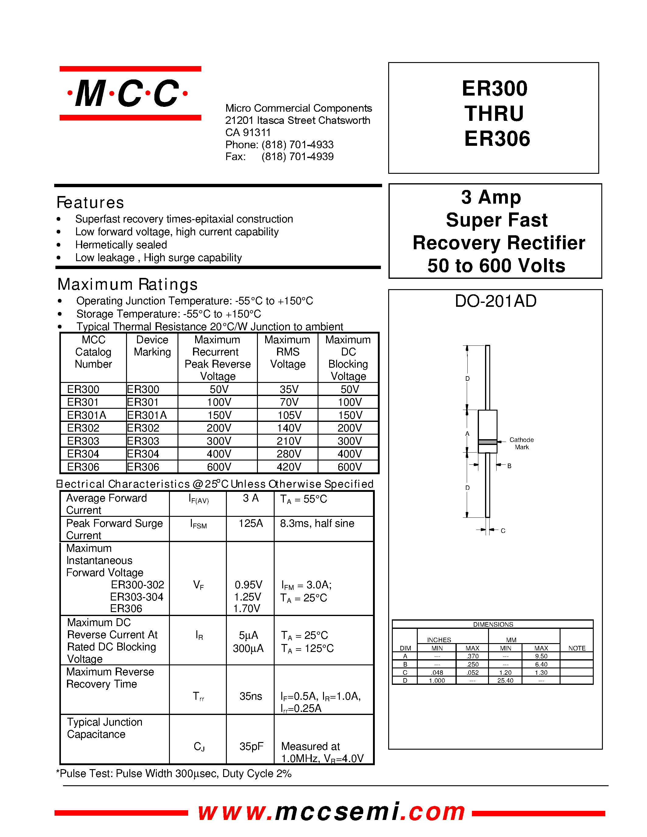 Datasheet ER306 - 3 Amp Super Fast Recovery Rectifier 50 to 600 Volts page 1