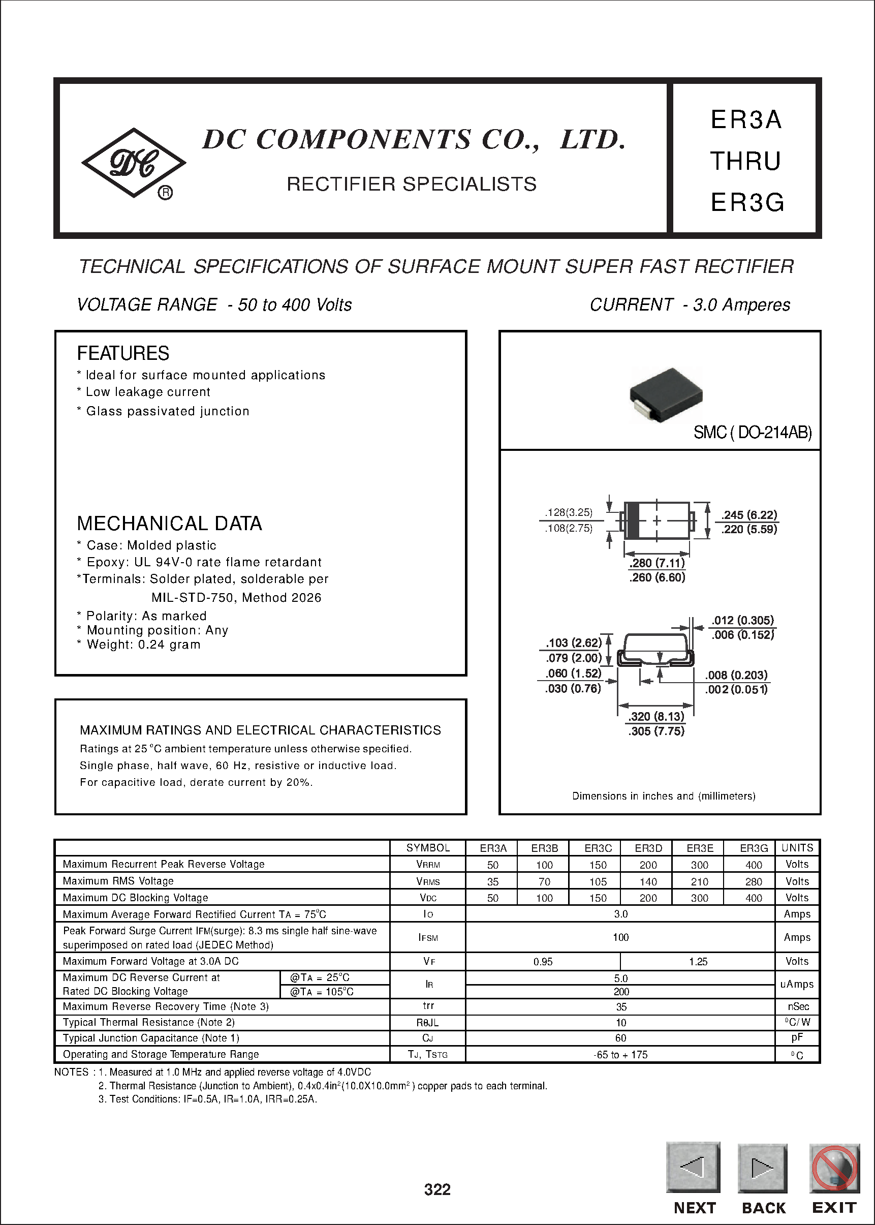 Datasheet ER3A page 1 Datasheet ER3A - TECHNICAL SPECIFICATIONS OF SURFACE MOUNT SUPER FAST RECTIFIER page 1