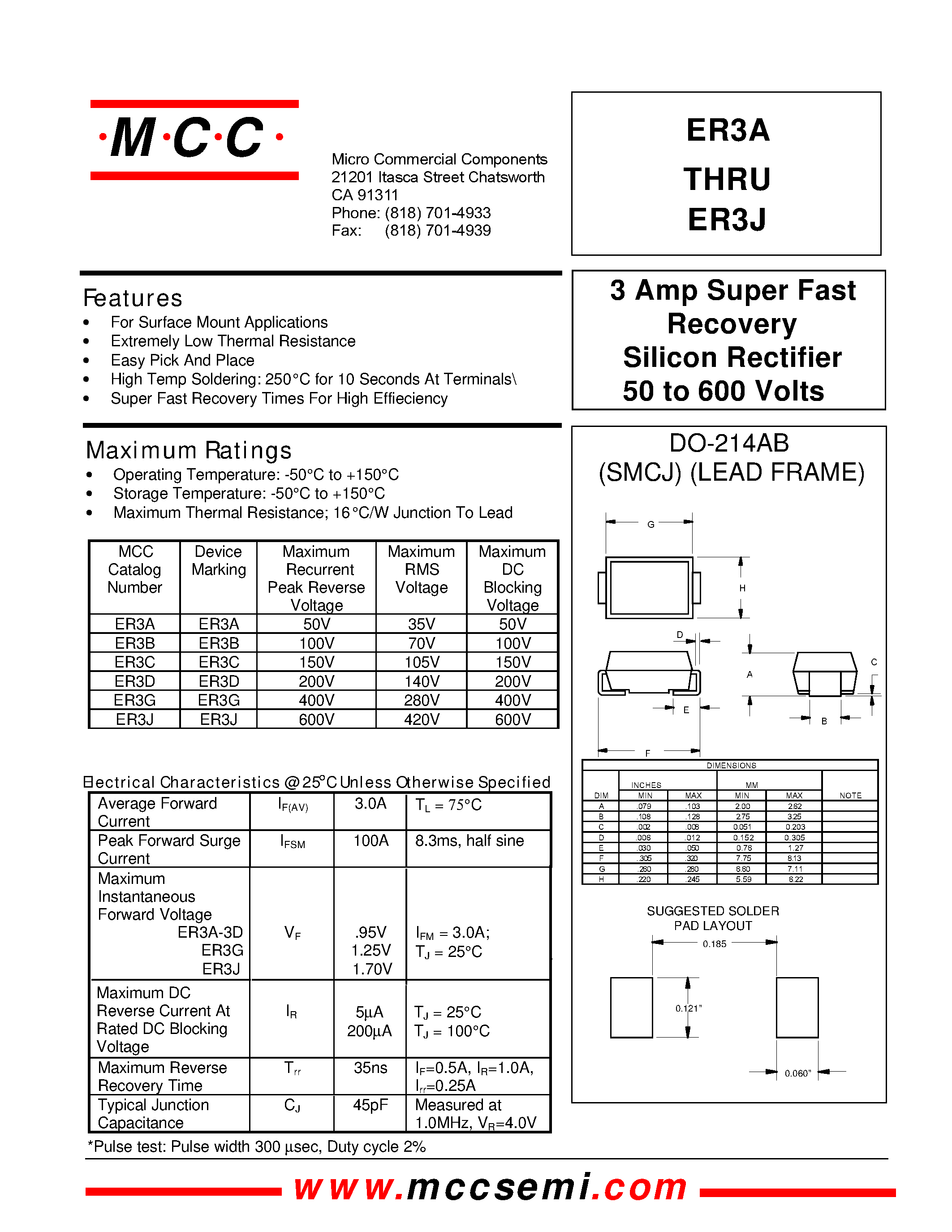 Datasheet ER3B - 3 Amp Super Fast Recovery Silicon Rectifier 50 to 600 Volts page 1