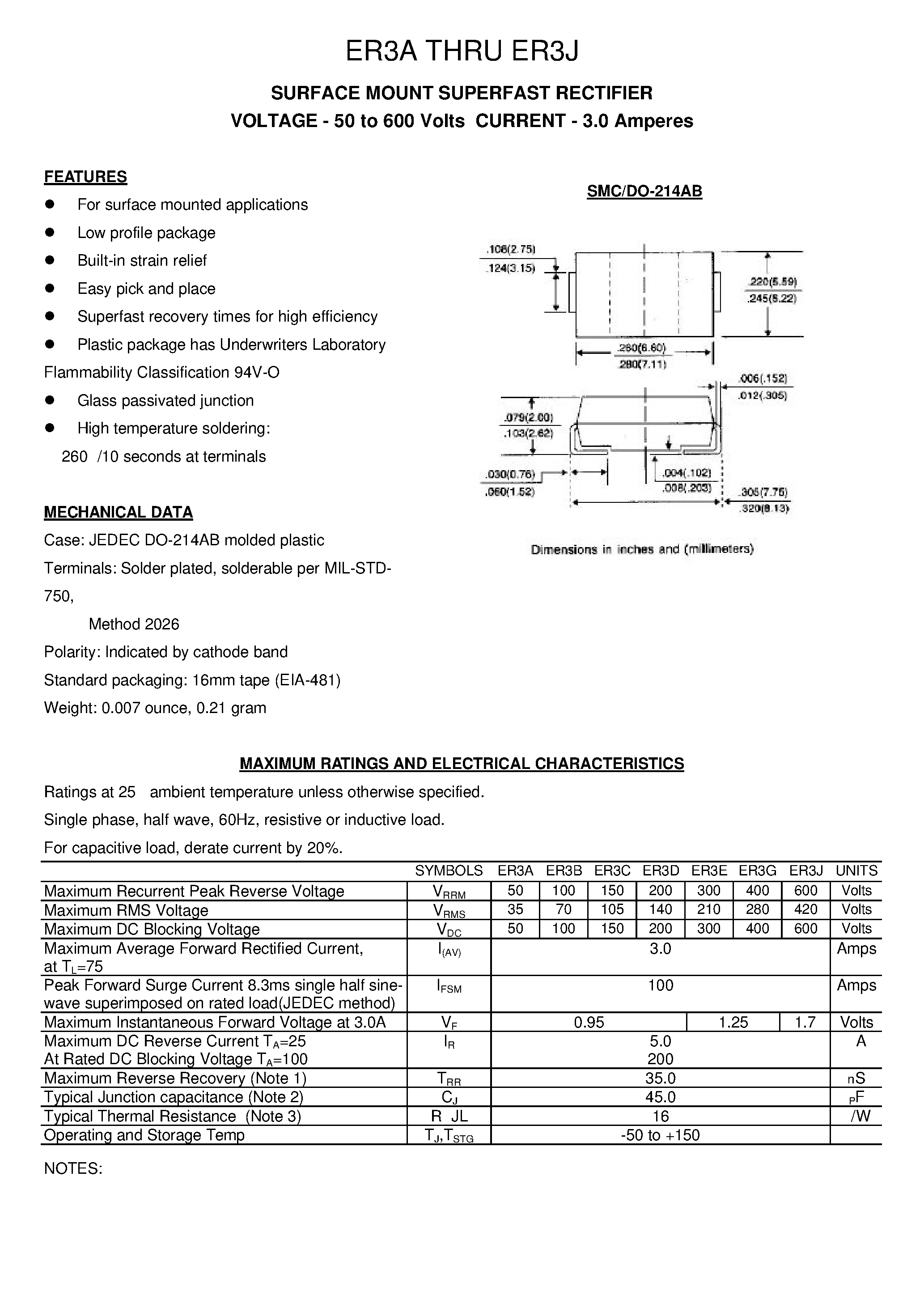 Datasheet ER3C page 1 Datasheet ER3C - SURFACE MOUNT SUPERFAST RECTIFIER page 1