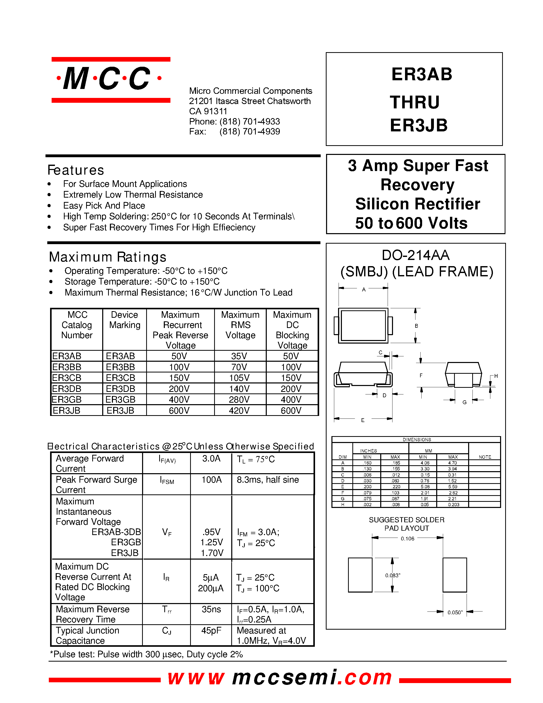 Datasheet ER3DB - 3 Amp Super Fast Recovery Silicon Rectifier 50 to 600 Volts page 1