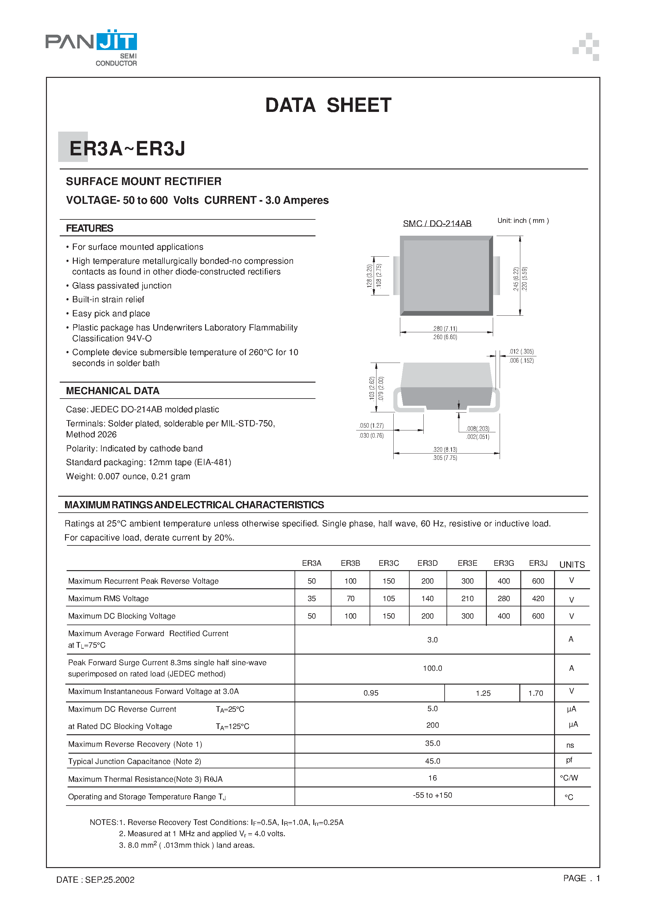 Datasheet ER3E - SURFACE MOUNT RECTIFIER(VOLTAGE- 50 to 600 Volts CURRENT - 3.0 Amperes) page 1