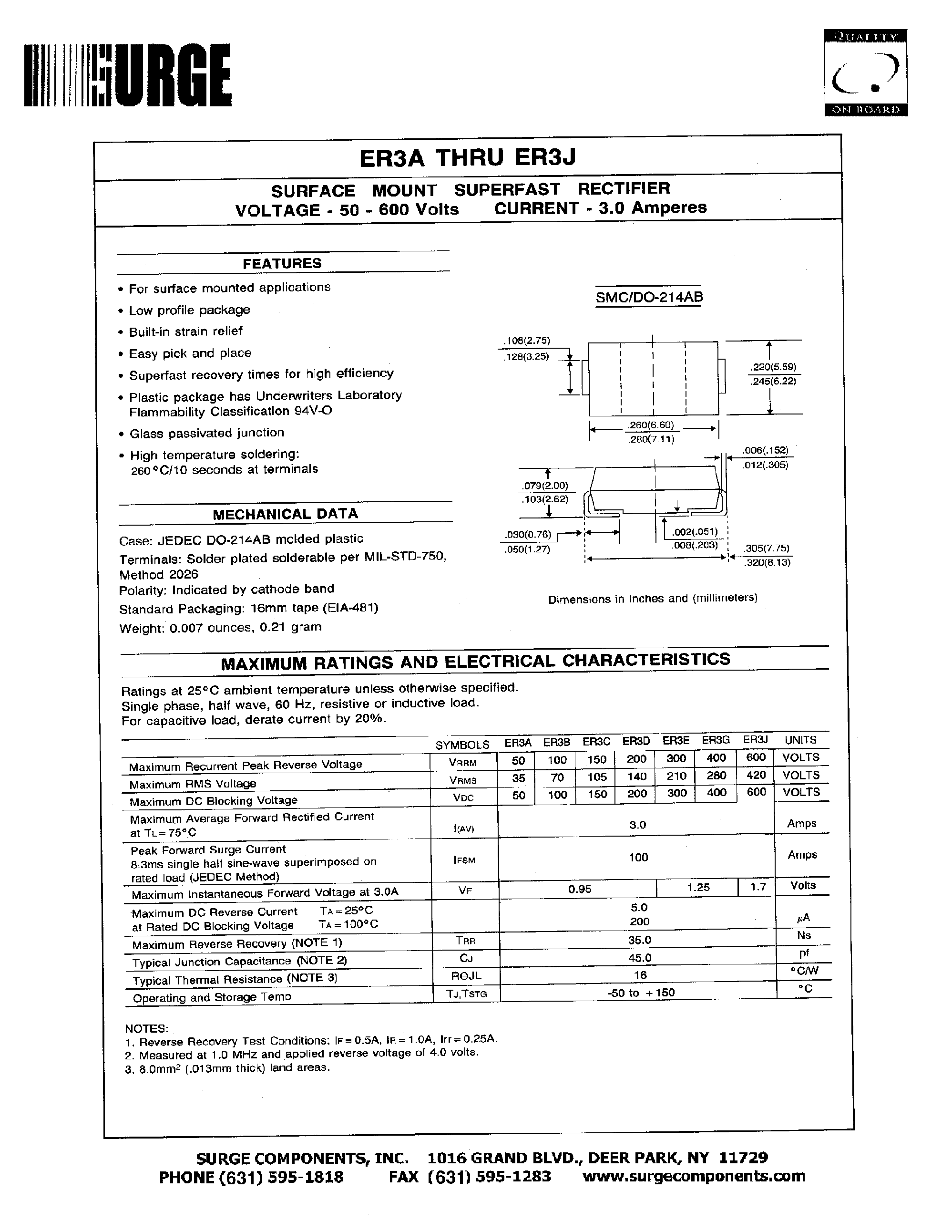 Datasheet ER3J - SURFACE MOUNT SUPERFAST RECTIFIER VOLTAGE - 50 - 600 Volts CURRENT - 3.0 Amperes page 1