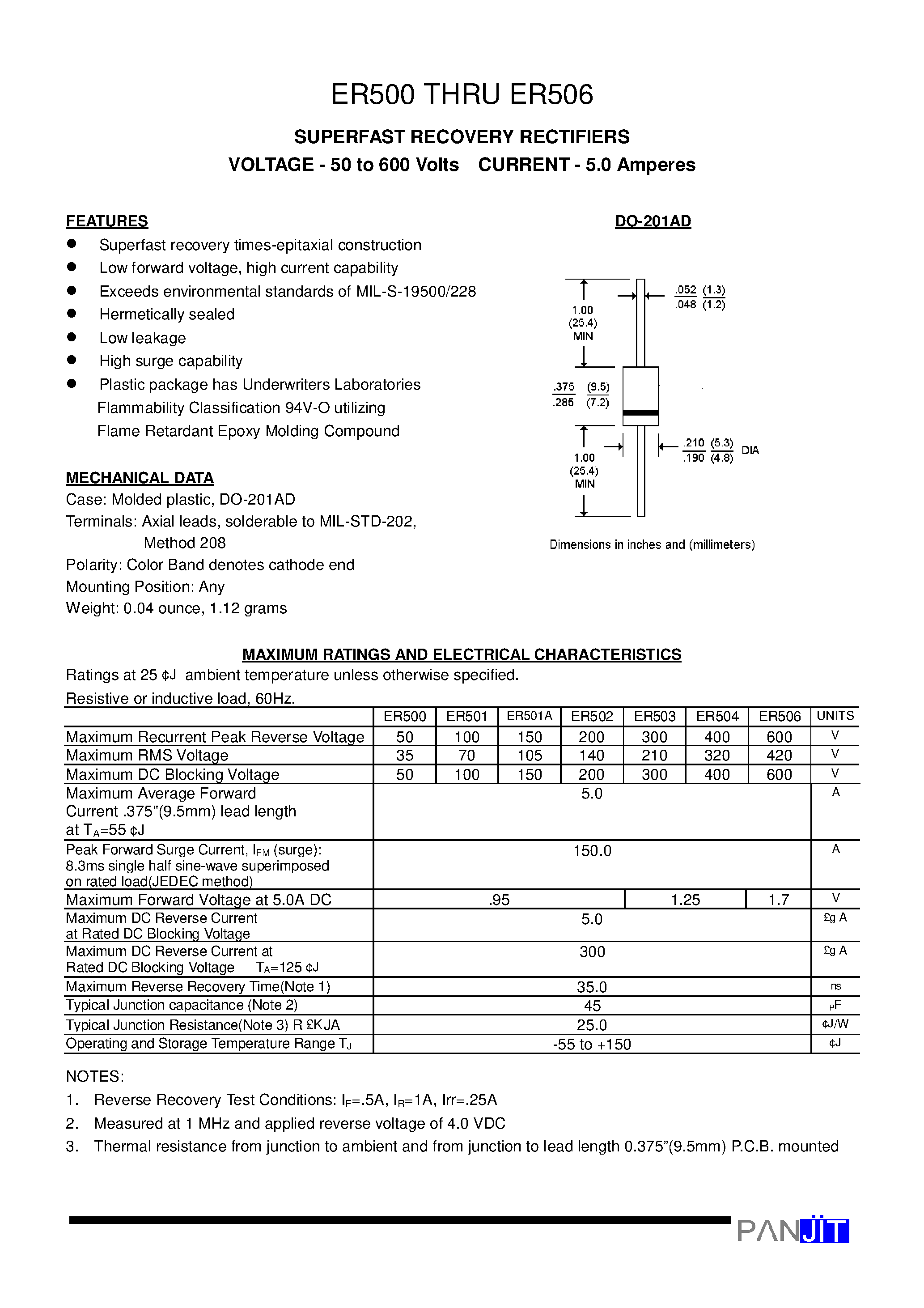 Datasheet ER504 - SUPERFAST RECOVERY RECTIFIERS(VOLTAGE - 50 to 600 Volts CURRENT - 5.0 Amperes) page 1