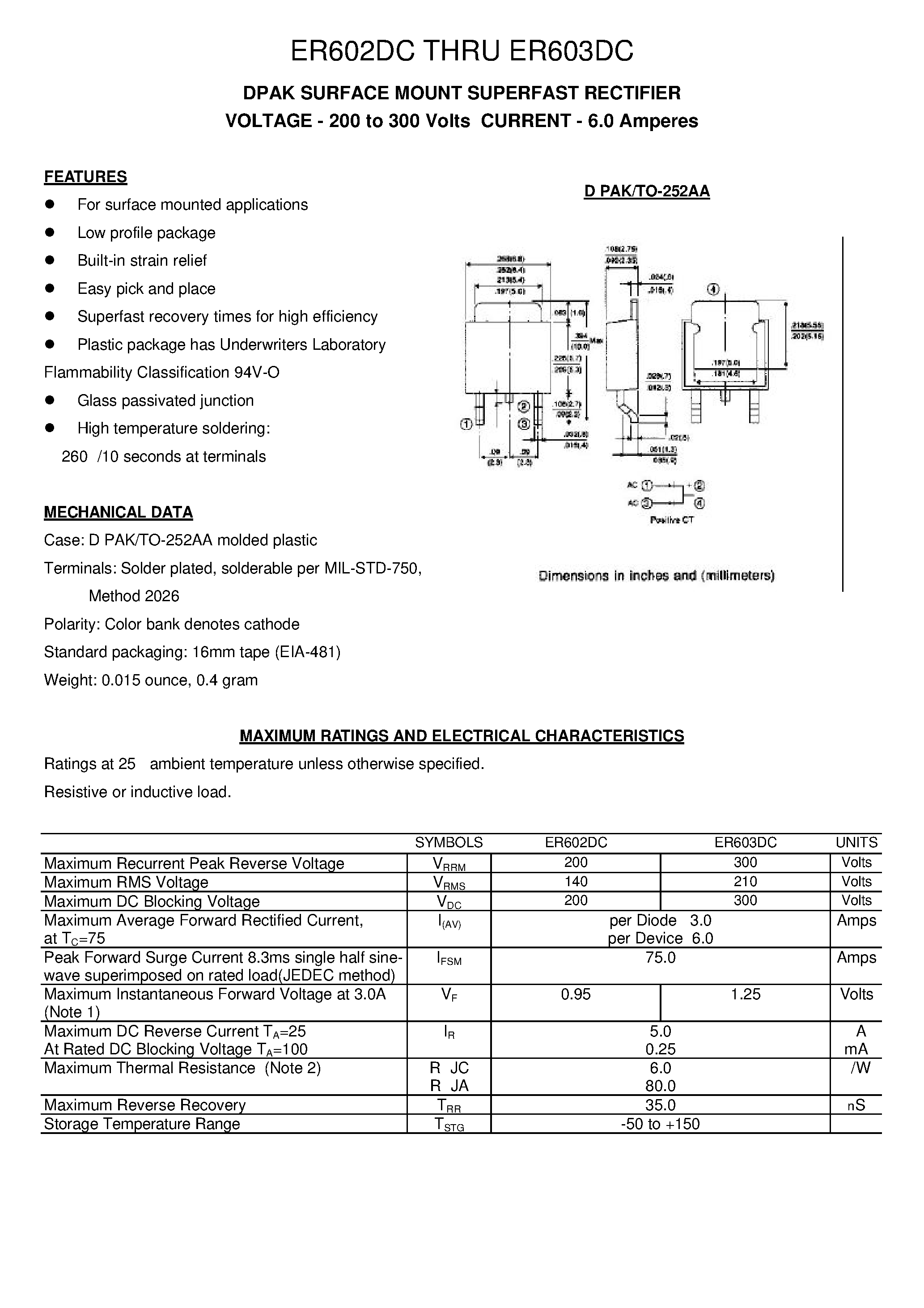 Даташит ER602DC - DPAK SURFACE MOUNT SUPERFAST RECTIFIER страница 1