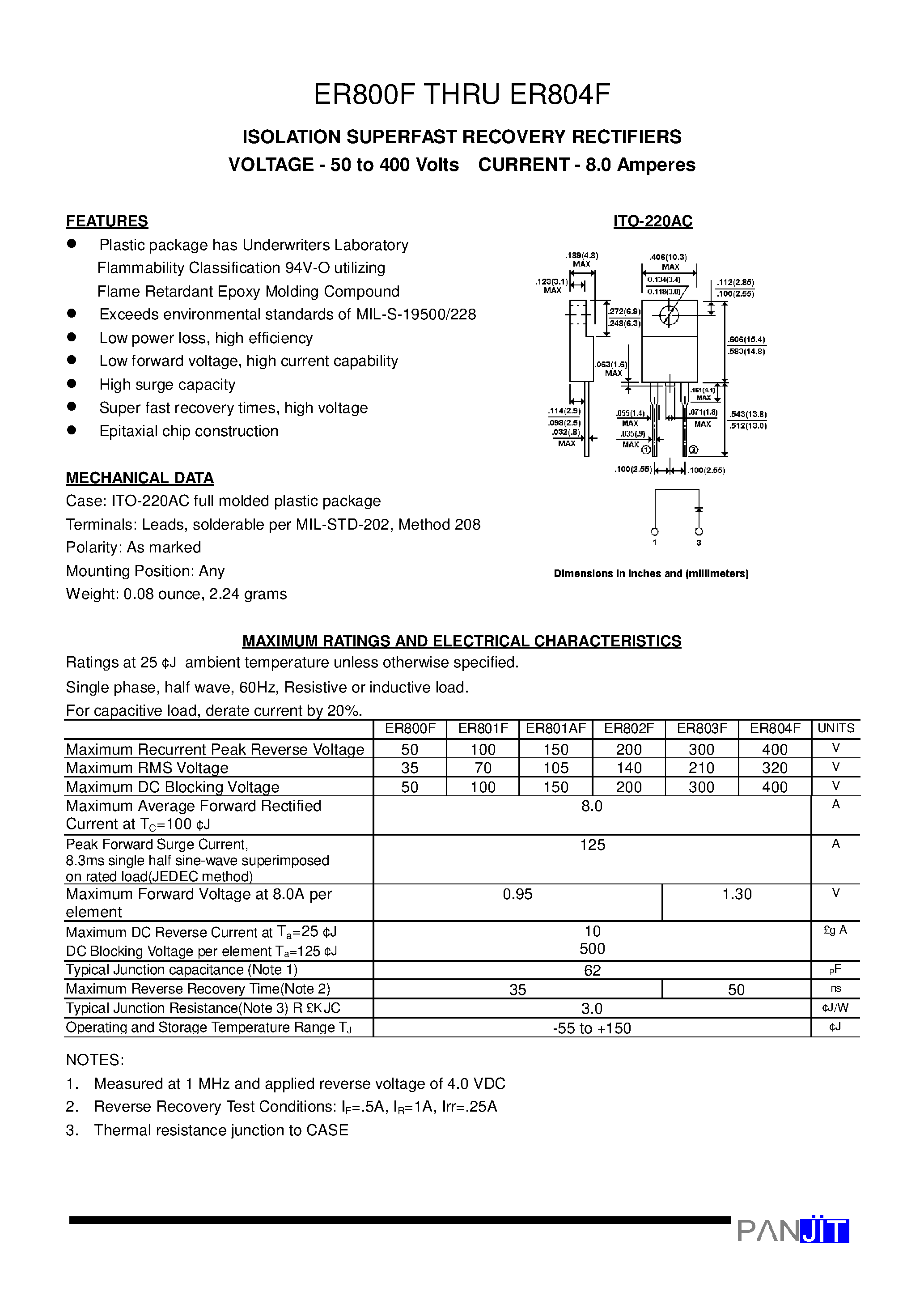 Datasheet ER800F - ISOLATION SUPERFAST RECOVERY RECTIFIERS(VOLTAGE - 50 to 400 Volts CURRENT - 8.0 Amperes) page 1