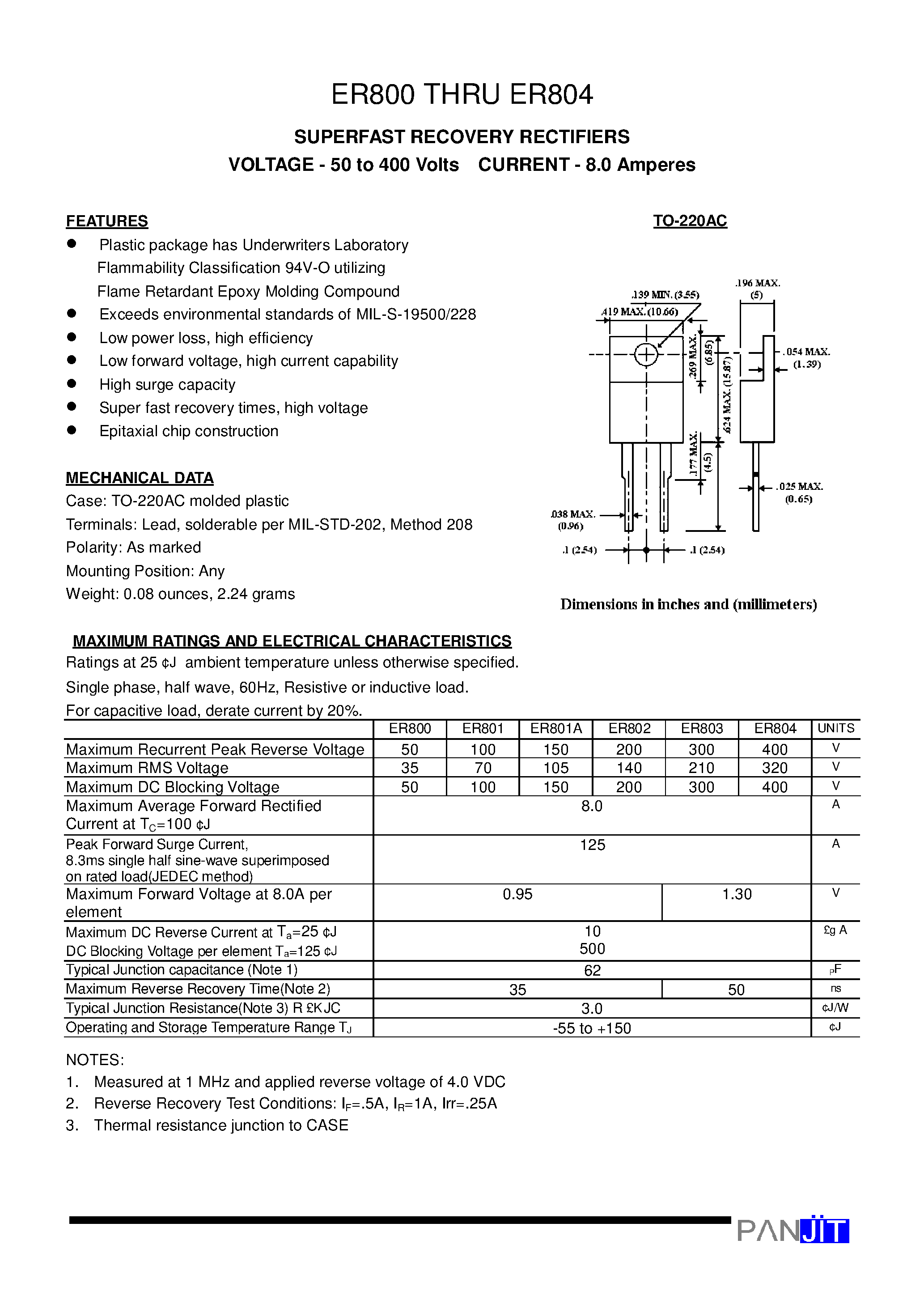 Datasheet ER801 - SUPERFAST RECOVERY RECTIFIERS(VOLTAGE - 50 to 400 Volts CURRENT - 8.0 Amperes) page 1