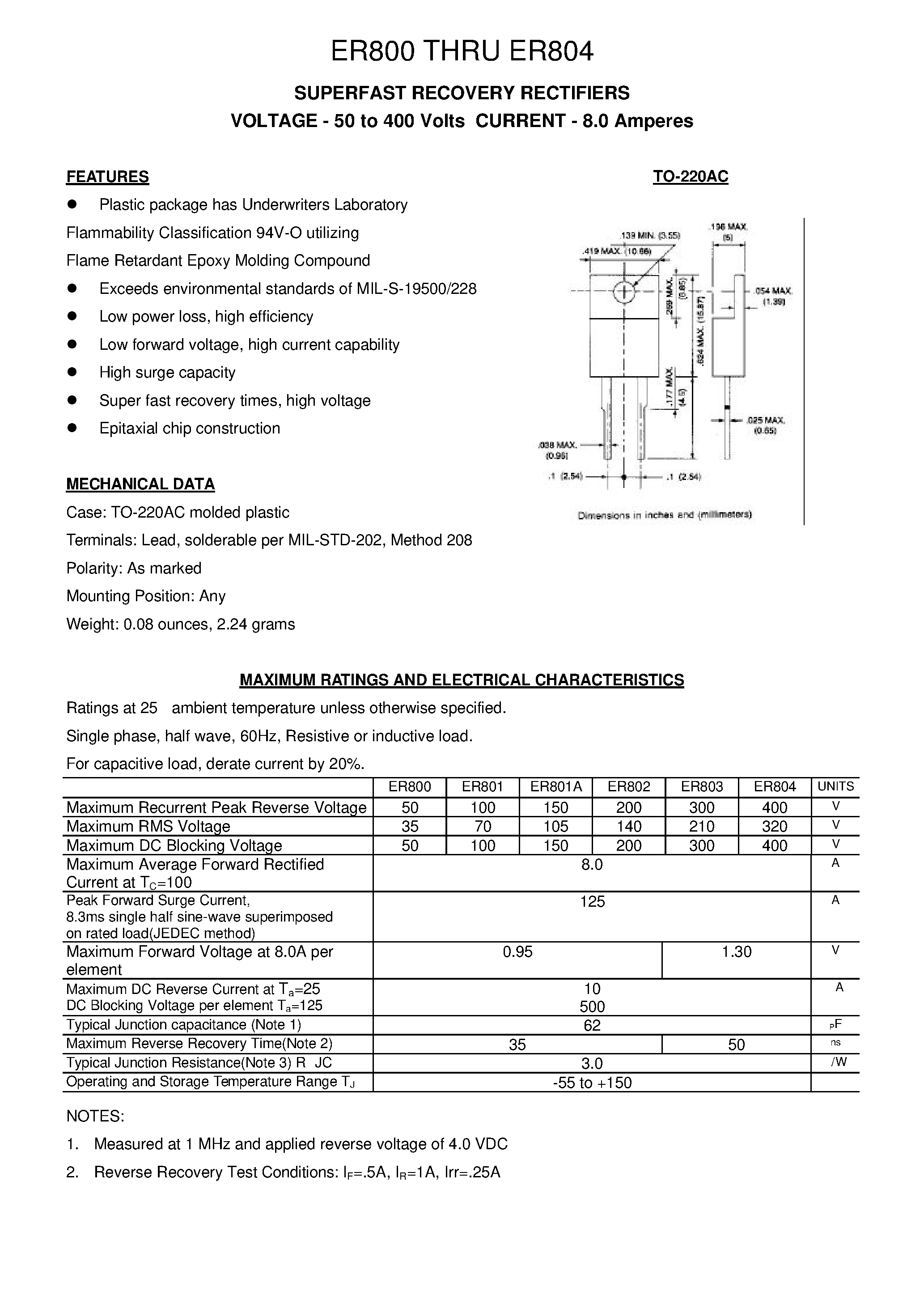 Datasheet ER804 page 1 Datasheet ER804 - SUPERFAST RECOVERY RECTIFIERS page 1