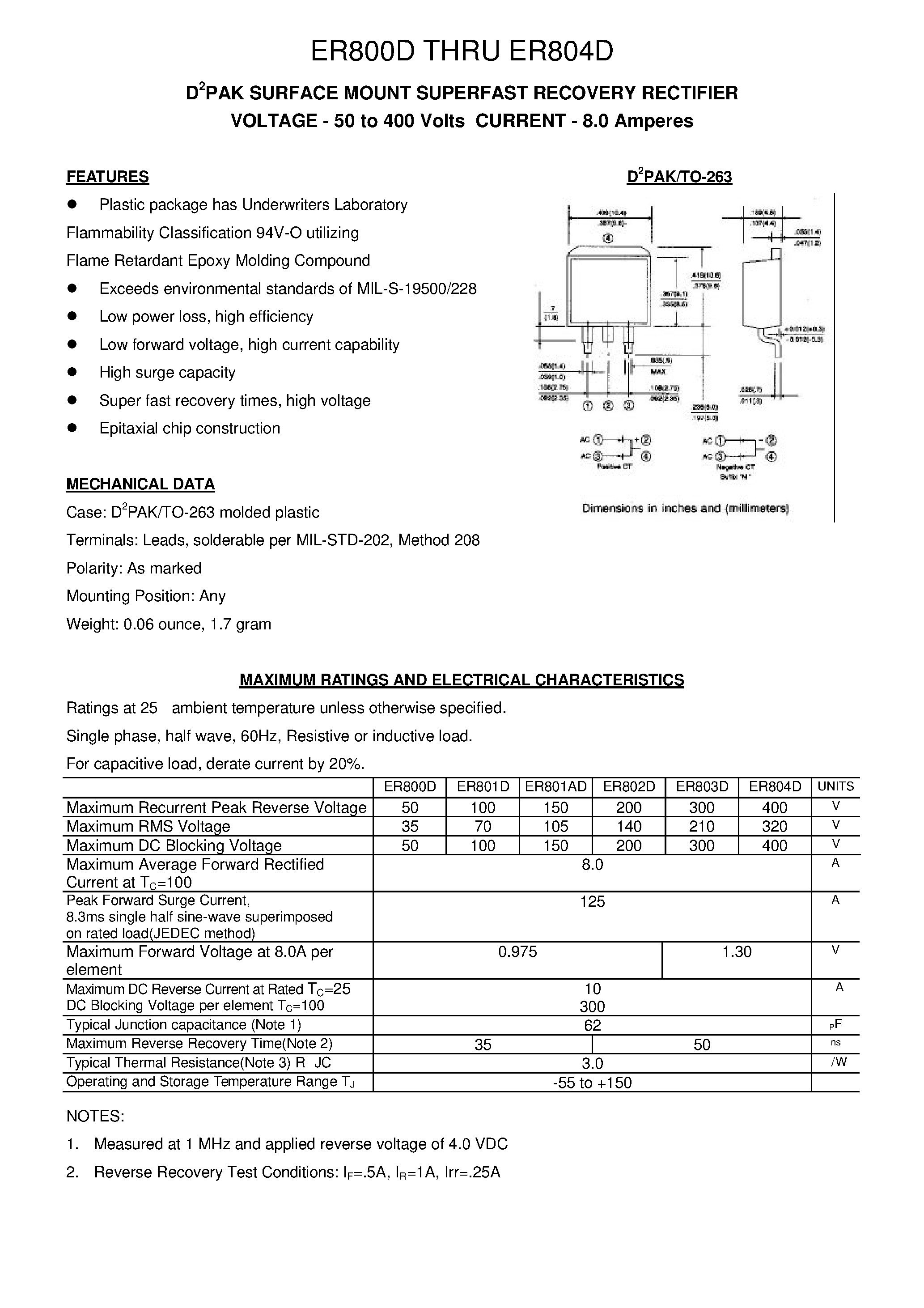 Даташит ER804D - D2PAK SURFACE MOUNT SUPERFAST RECOVERY RECTIFIER страница 1