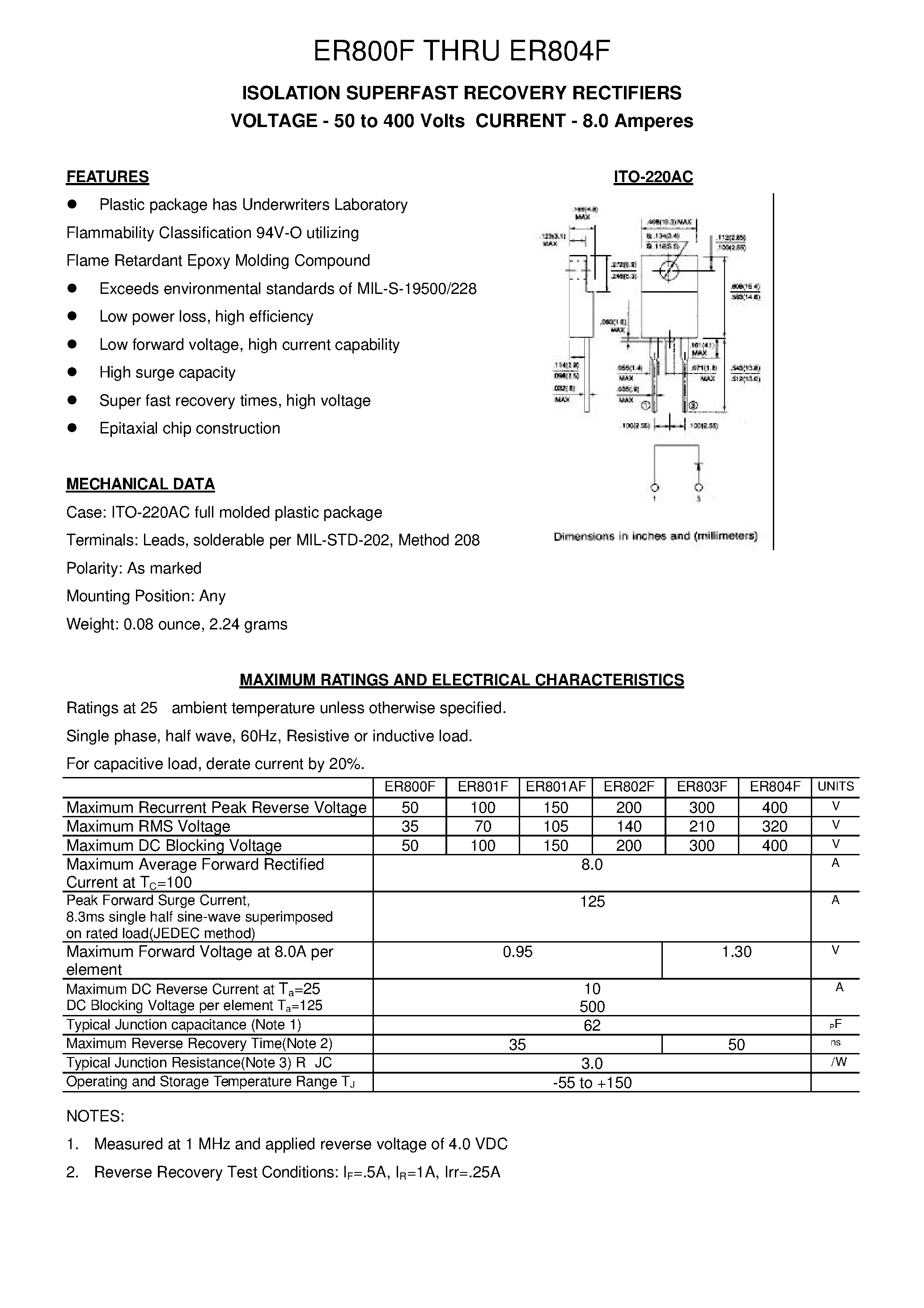 Datasheet ER804F page 1 Datasheet ER804F - ISOLATION SUPERFAST RECOVERY RECTIFIERS page 1
