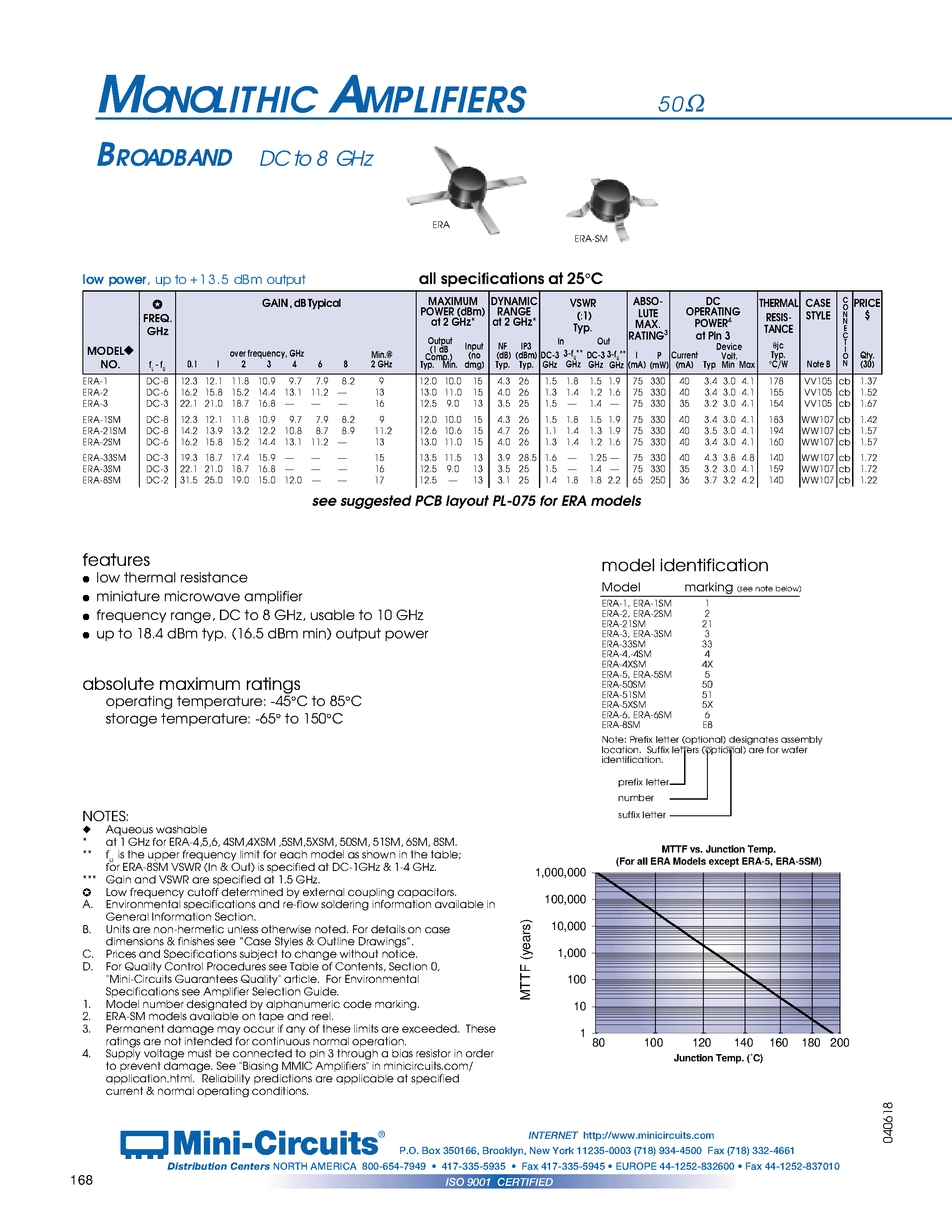 Даташит ERA-1 - MONOLITHIC AMPLIFIERS 50 BROADBAND DC to 8 GHz страница 1