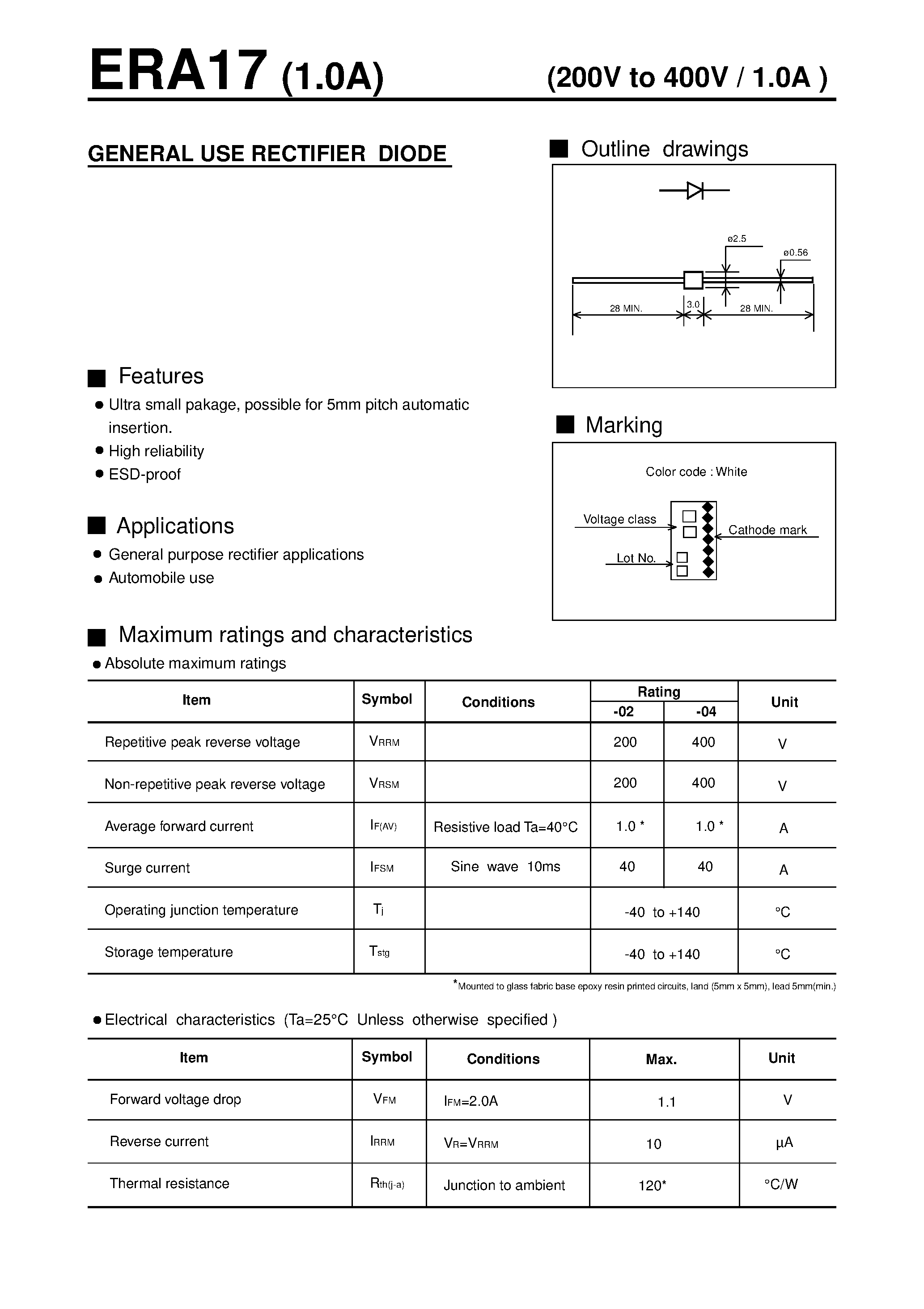 Даташит ERA17 - GENERAL USE RECTIFIER DIODE страница 1