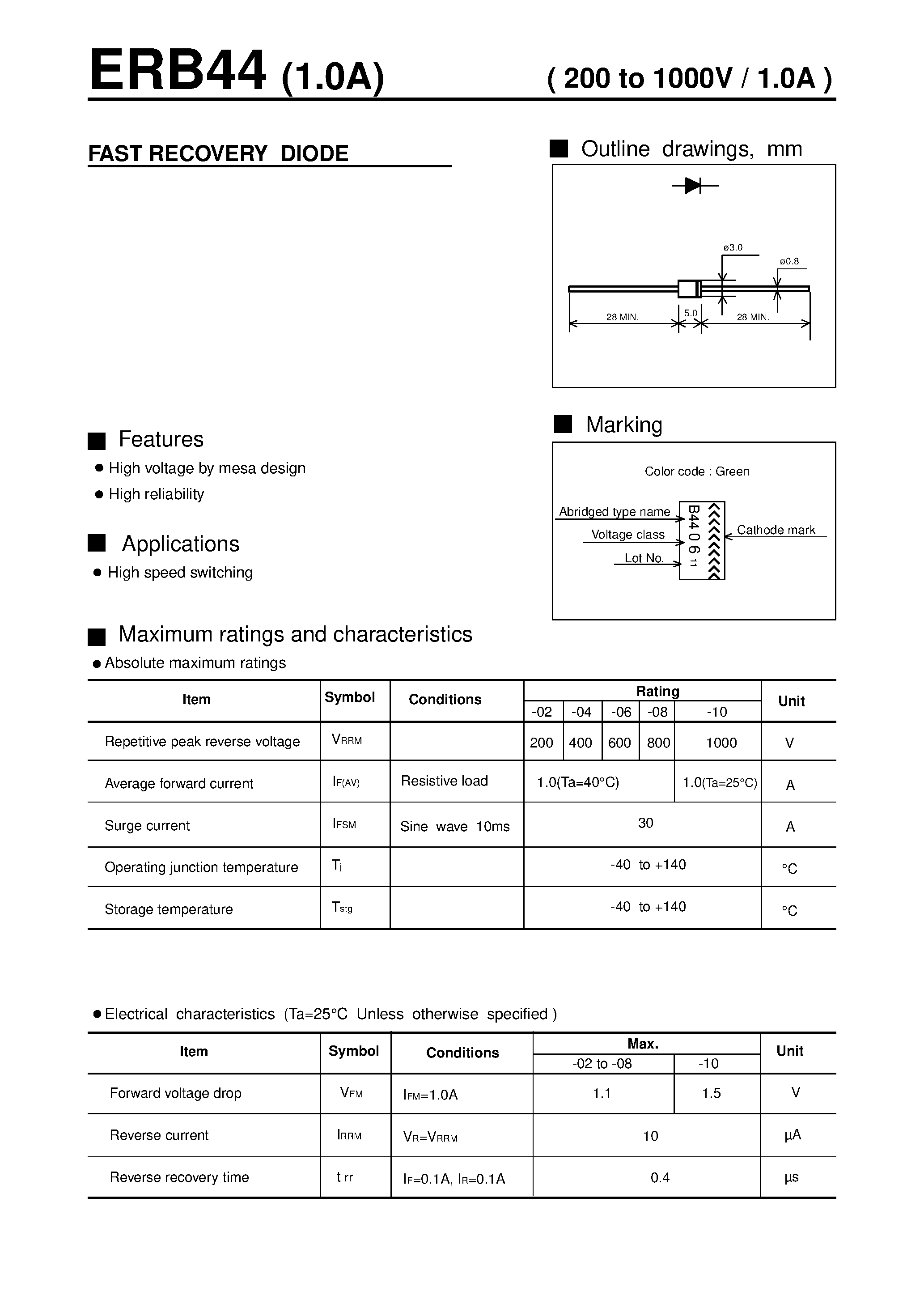 Даташит ERB44 - FAST RECOVERY DIODE( 200 to 1000V / 1.0A ) страница 1