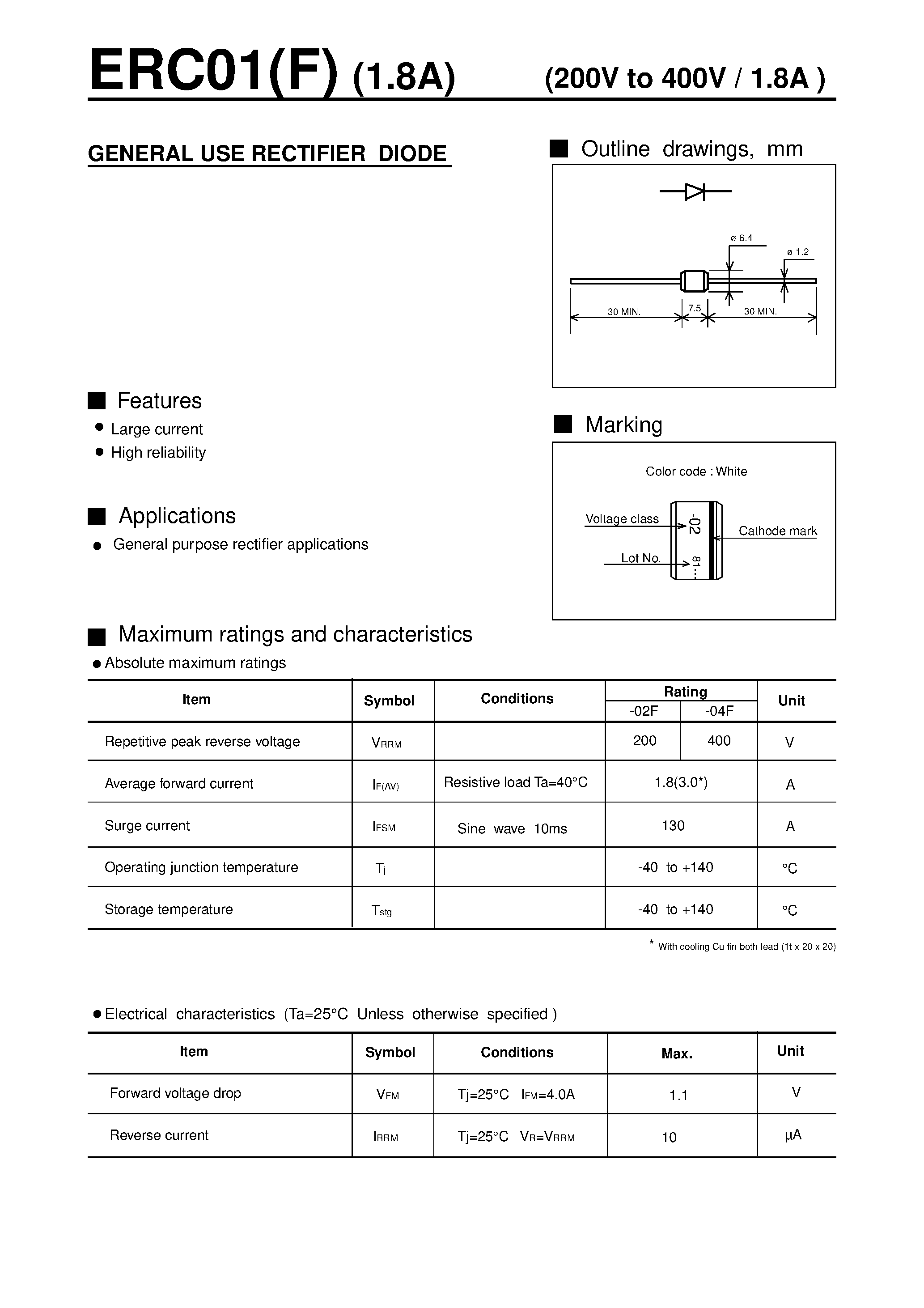 Datasheet ERC01-02F page 1 Datasheet ERC01-02F - GENERAL USE RECTIFIER DIODE page 1