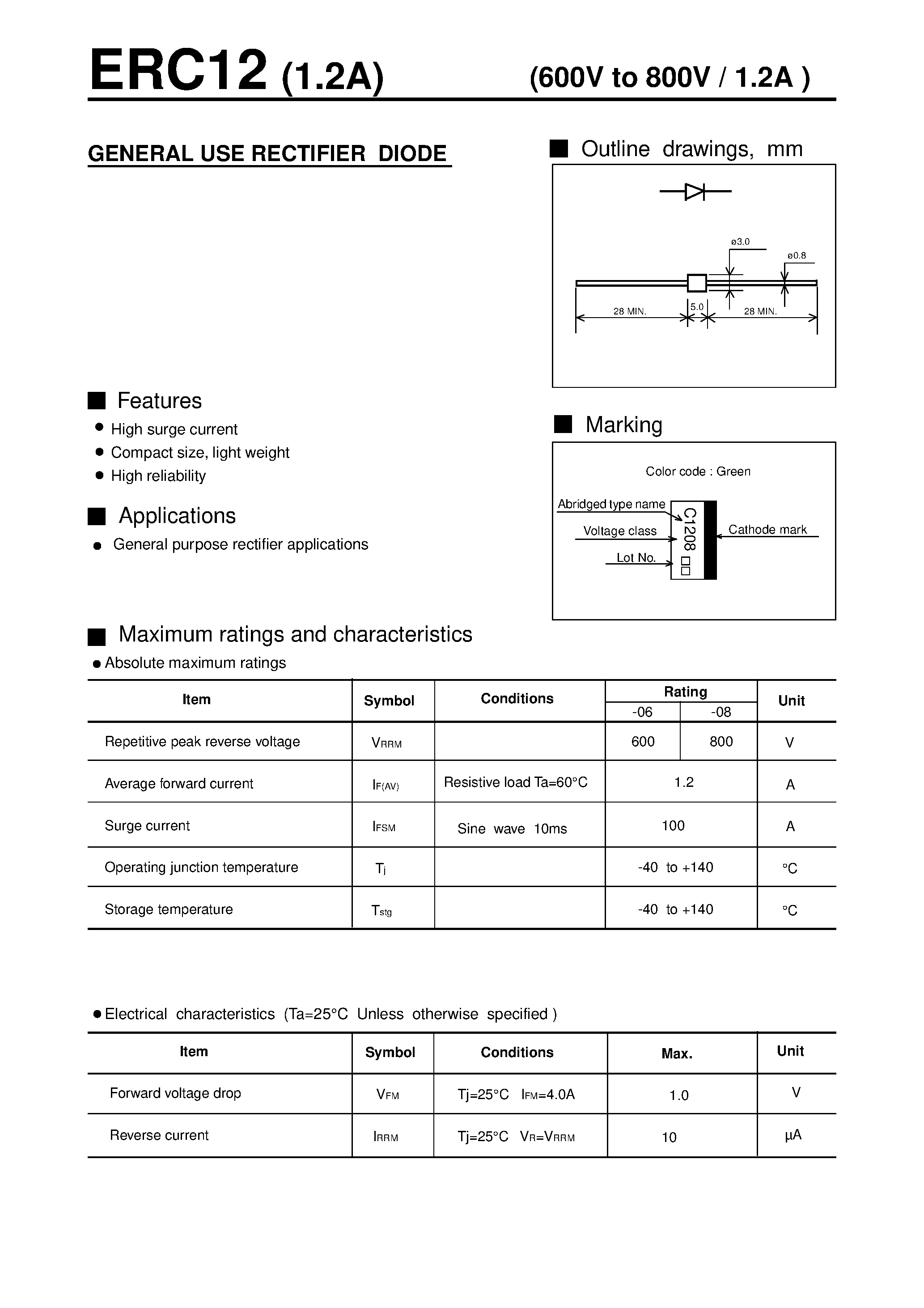Datasheet ERC12 page 1 Datasheet ERC12 - GENERAL USE RECTIFIER DIODE page 1
