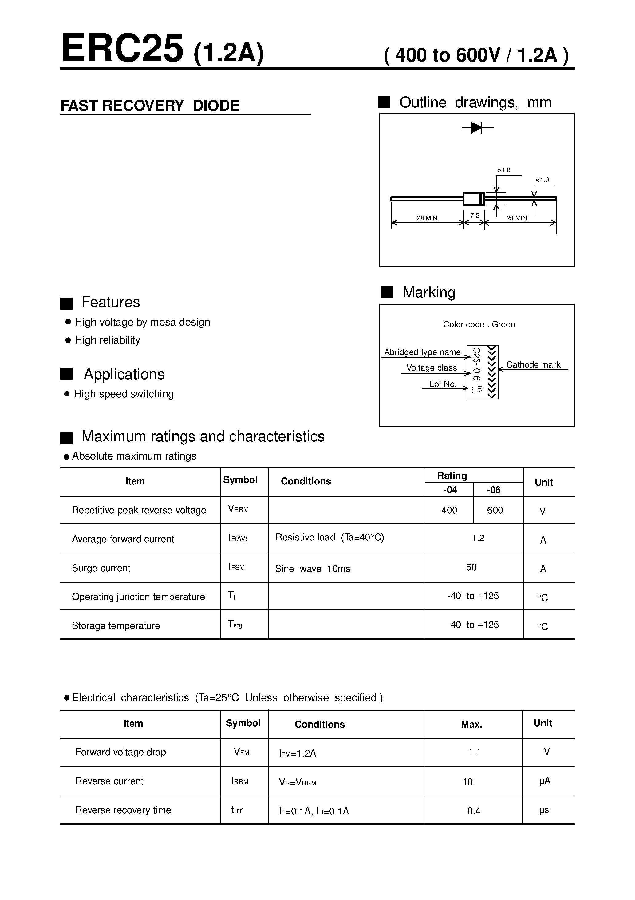 Даташит ERC25 - FAST RECOVERY DIODE( 400 to 600V / 1.2A ) страница 1