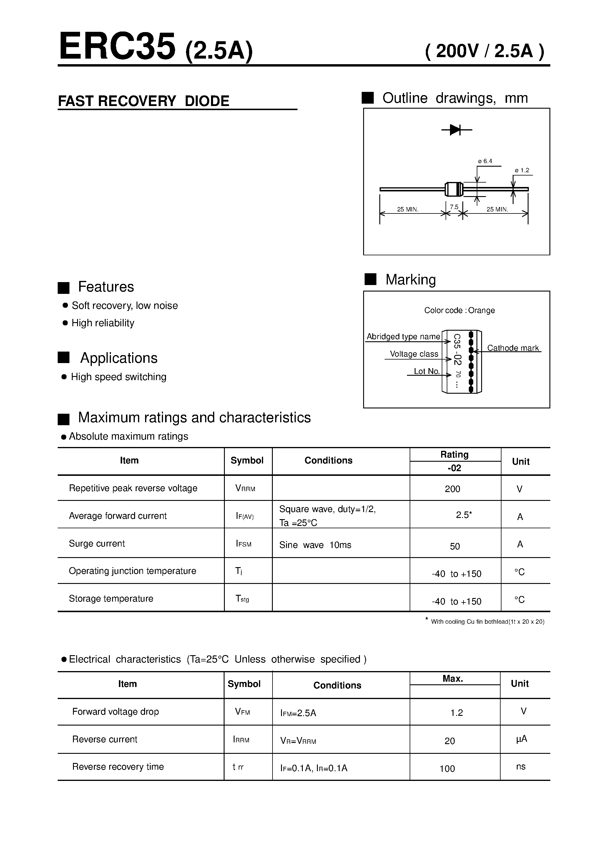 Даташит ERC35 - FAST RECOVERY DIODE( 200V / 2.5A ) страница 1