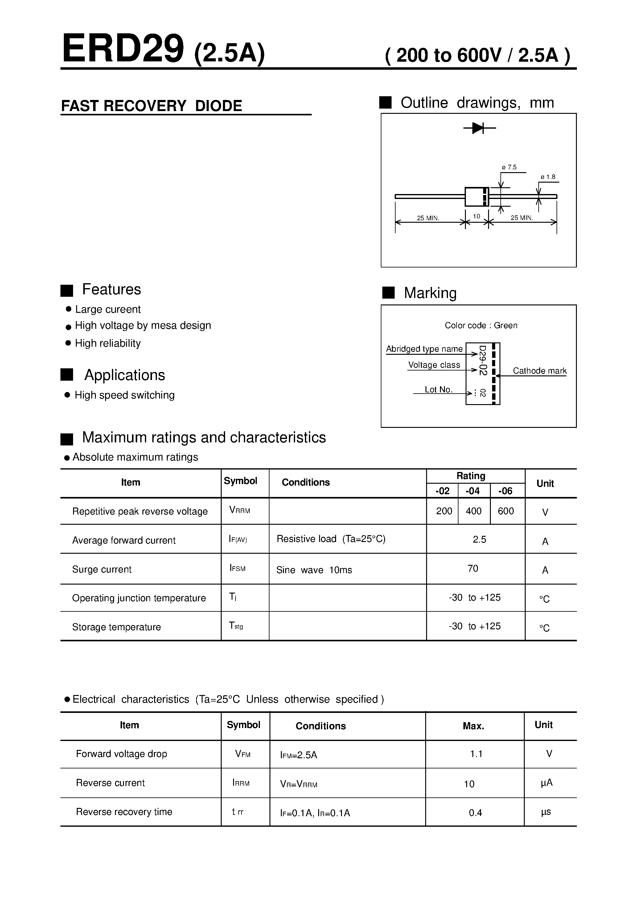 Даташит на микросхему ERD29 страница 1 Даташит ERD29 - FAST RECOVERY DIODE( 200 to 600V / 2.5A ) страница 1