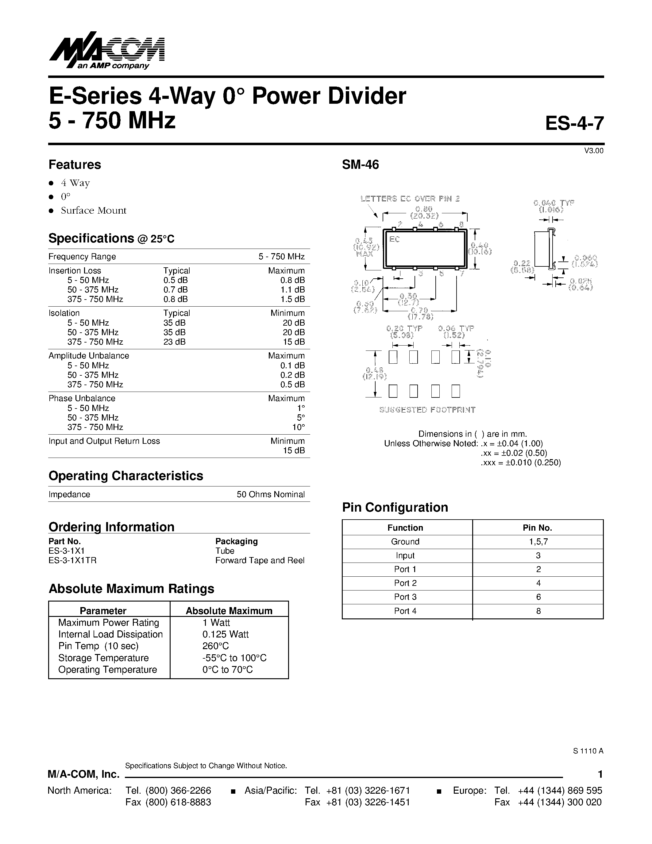 Даташит ES-3-1X1 - E-Series 4-Way 0 Power Divider 5 - 750 MHz страница 1