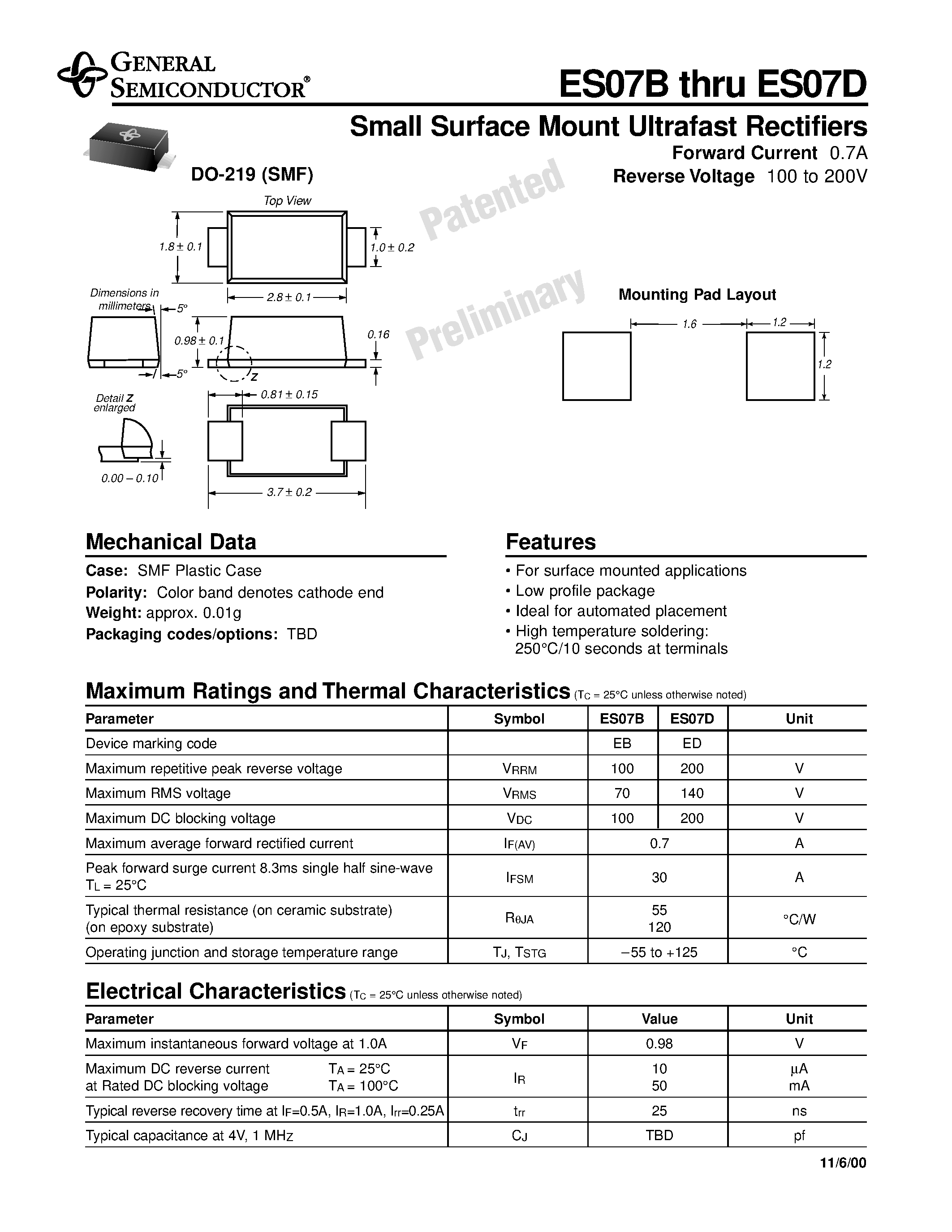 Datasheet ES07B - Small Surface Mount Ultrafast Rectifiers page 1