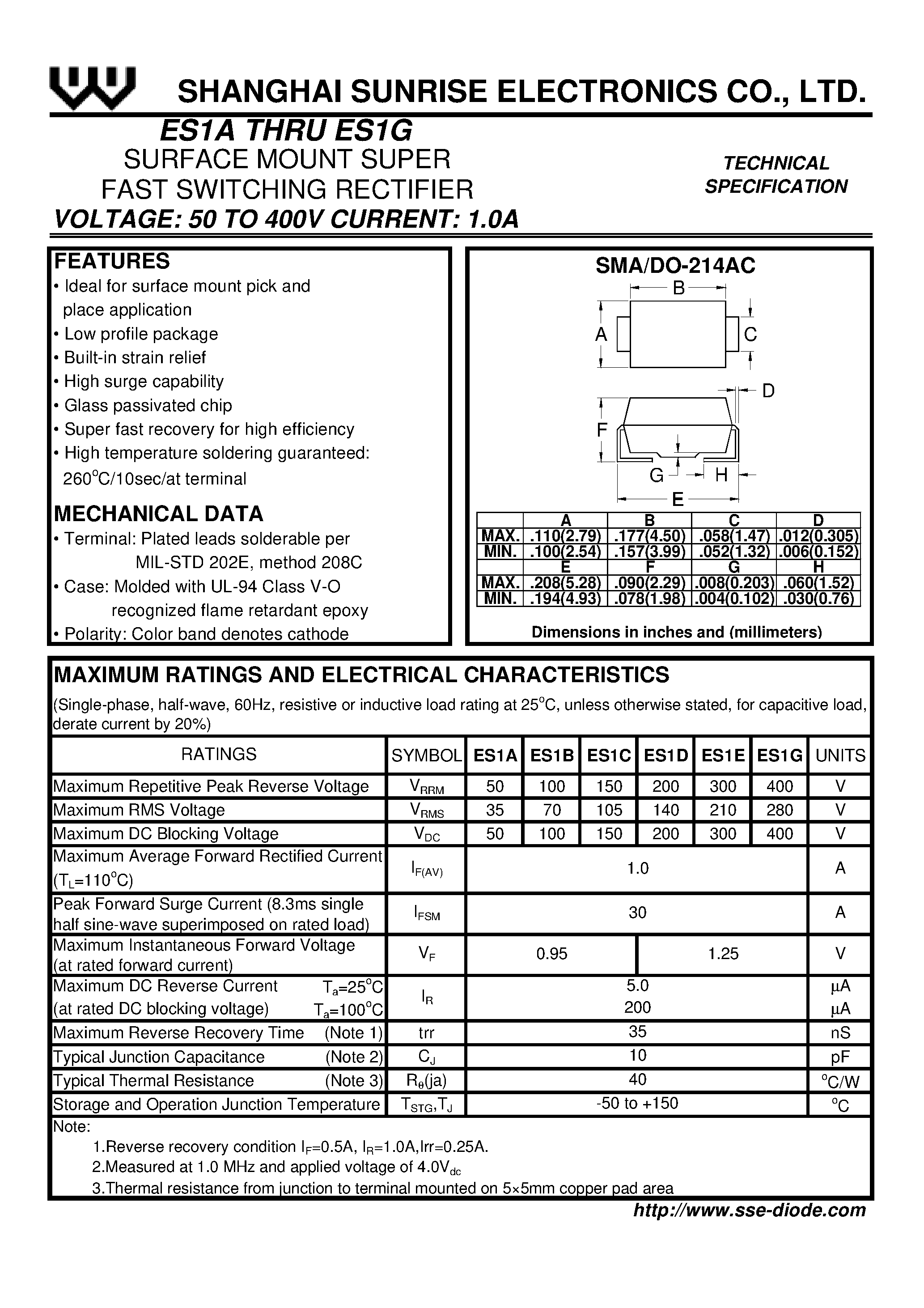 Datasheet ES1B - SURFACE MOUNT SUPER FAST SWITCHING RECTIFIER page 1