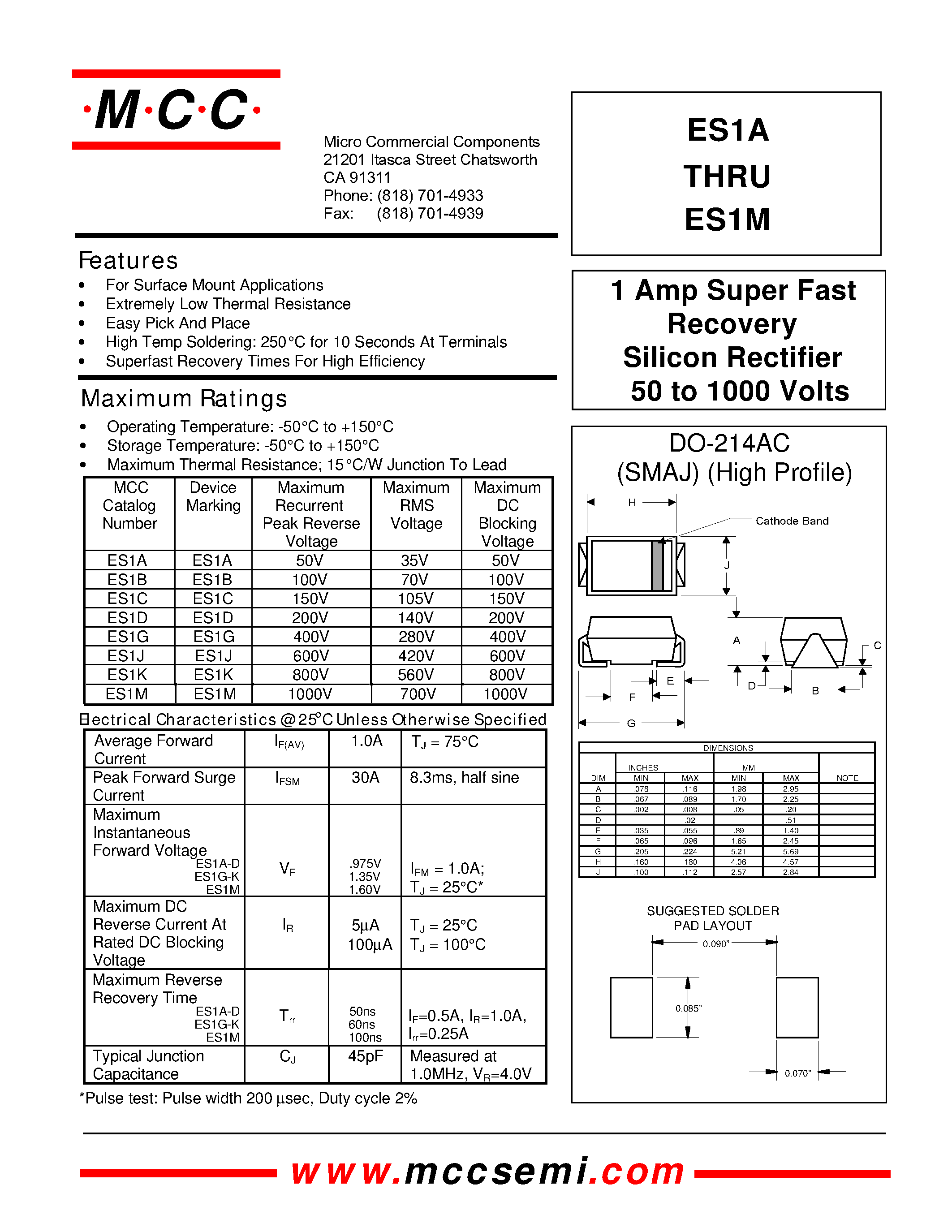 Даташит на микросхему ES1C страница 1 Даташит ES1C - 1 Amp Super Fast Recovery Silicon Rectifier 50 to 1000 Volts страница 1