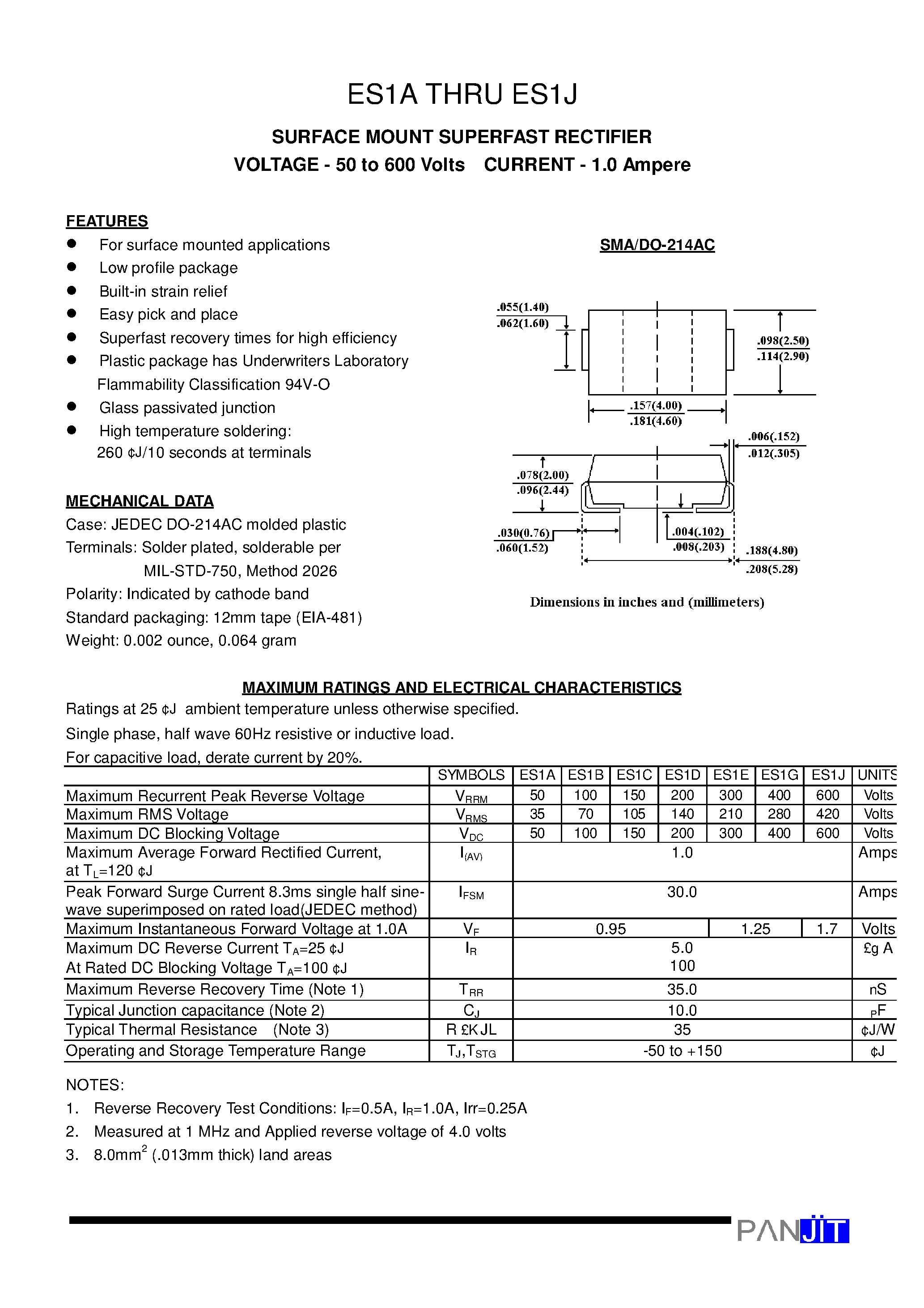 Datasheet ES1C - SURFACE MOUNT SUPERFAST RECTIFIER page 1