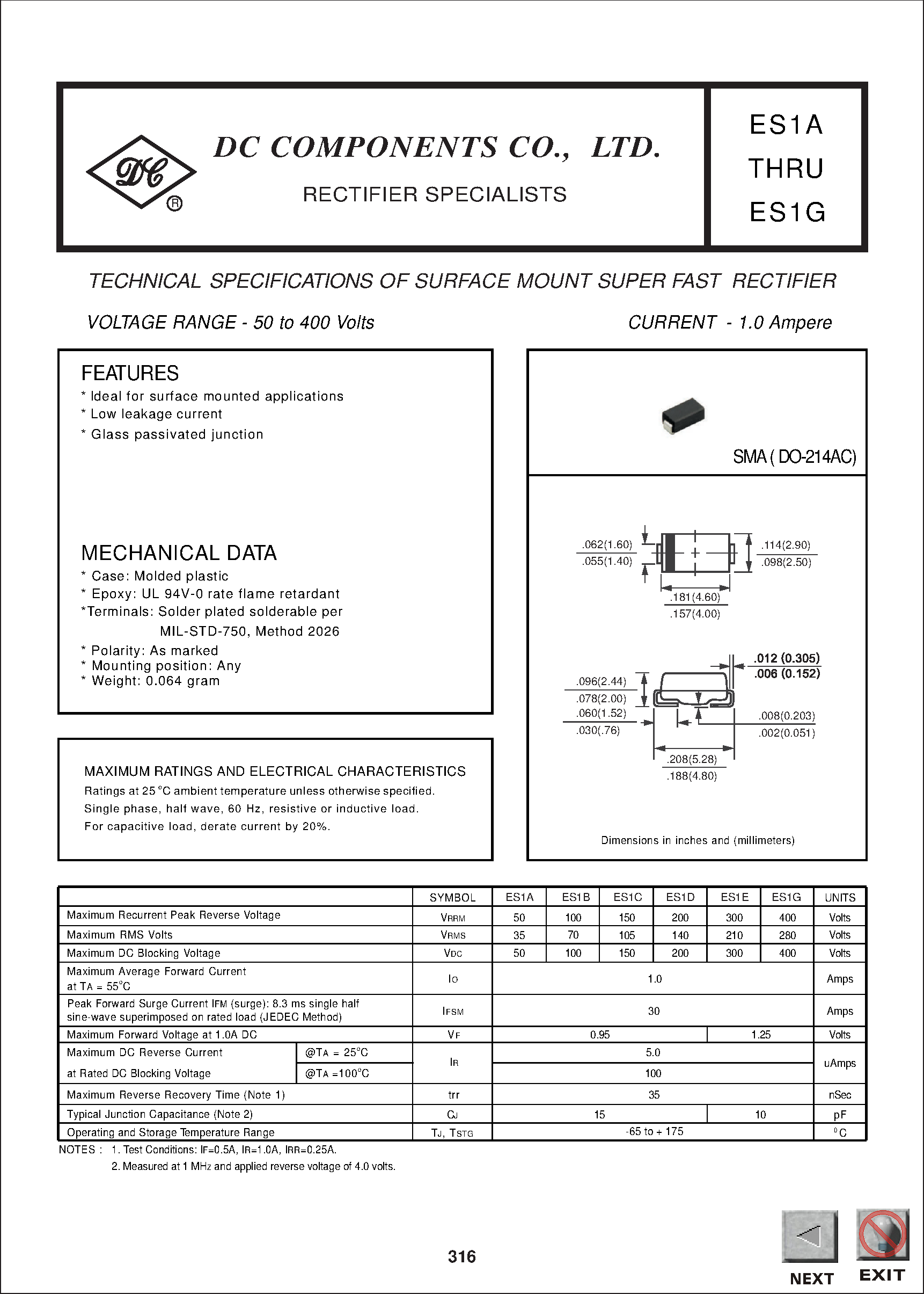 Datasheet ES1C page 1 Datasheet ES1C - TECHNICAL SPECIFICATIONS OF SURFACE MOUNT SUPER FAST RECTIFIER page 1